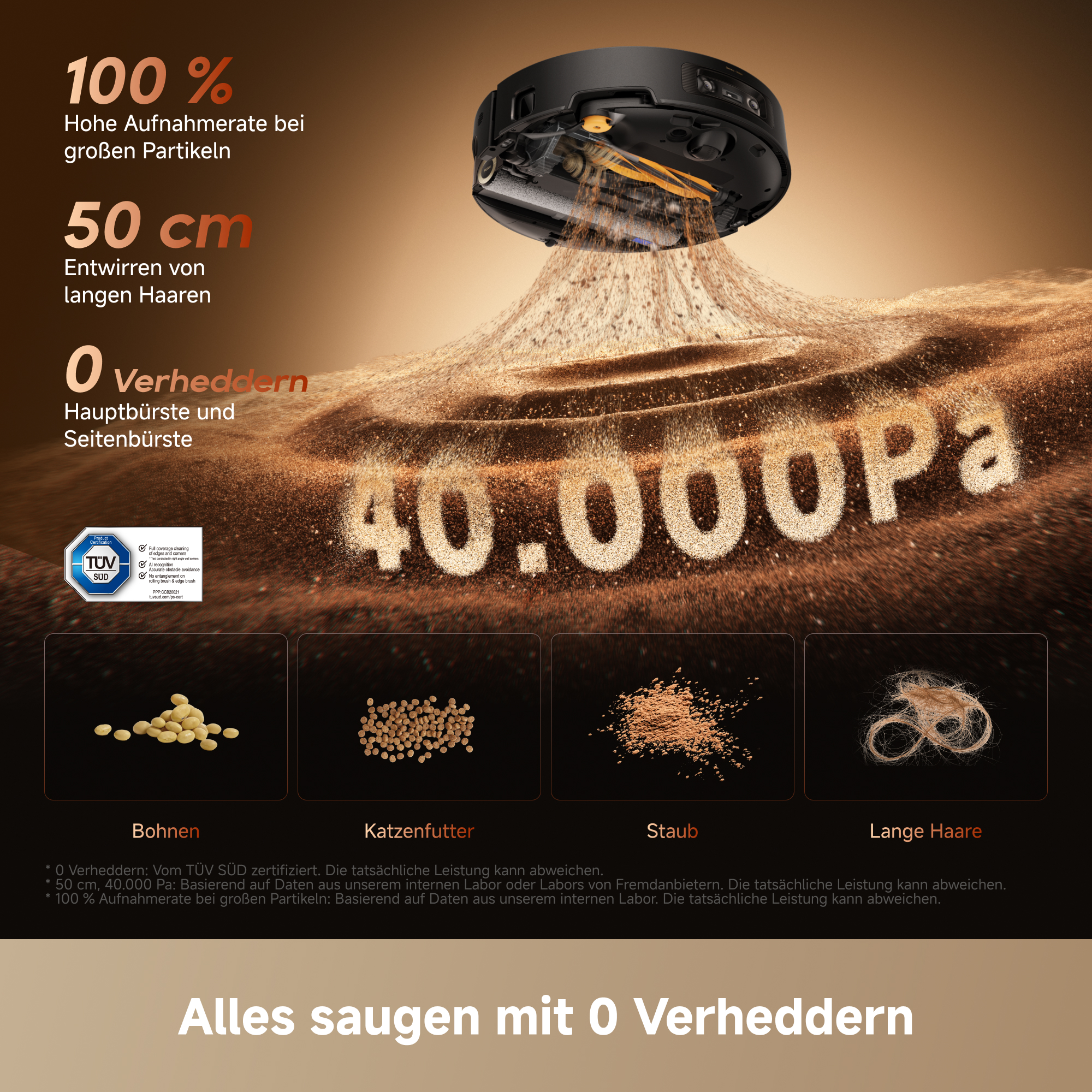 Ein schwarzer Saugroboter mit 40.000 Pa Saugleistung beim Aufsaugen von Bohnen, Katzenfutter, Staub und Haaren.