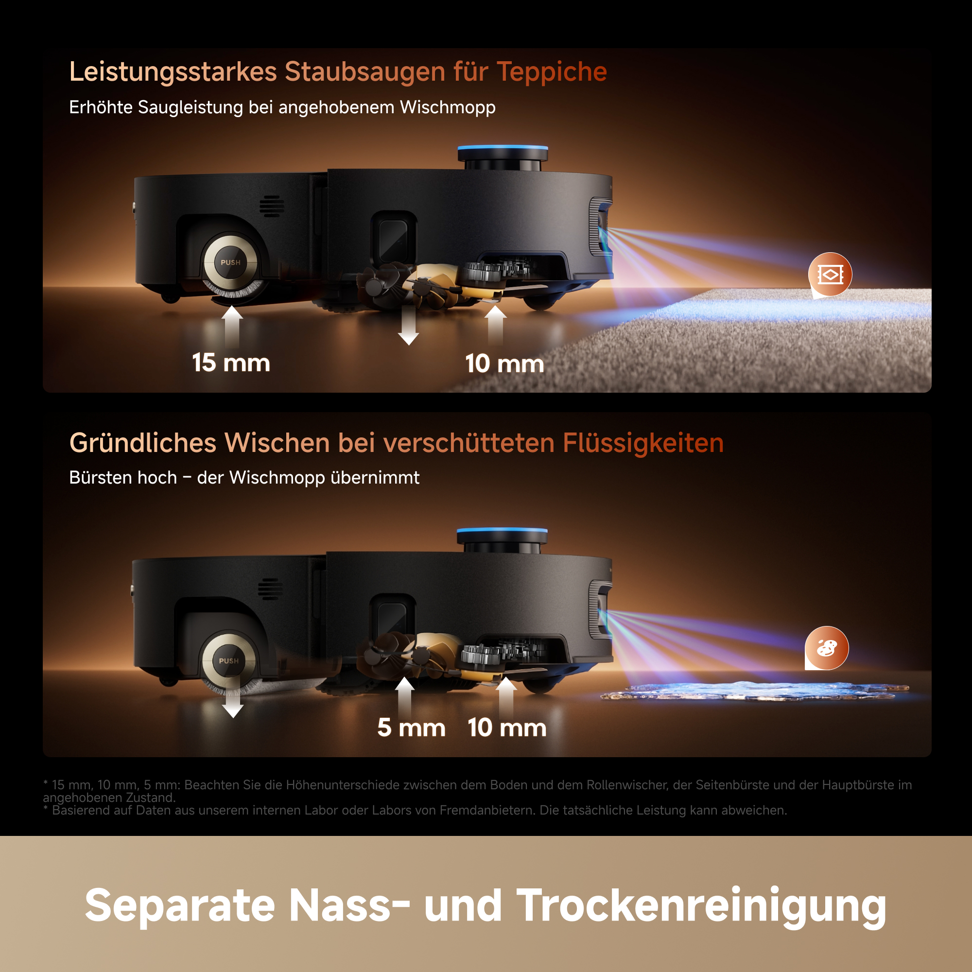 Diagramm zeigt die Höhenanpassung eines Saugroboters für Teppiche und Flüssigkeiten mit Maßangaben.