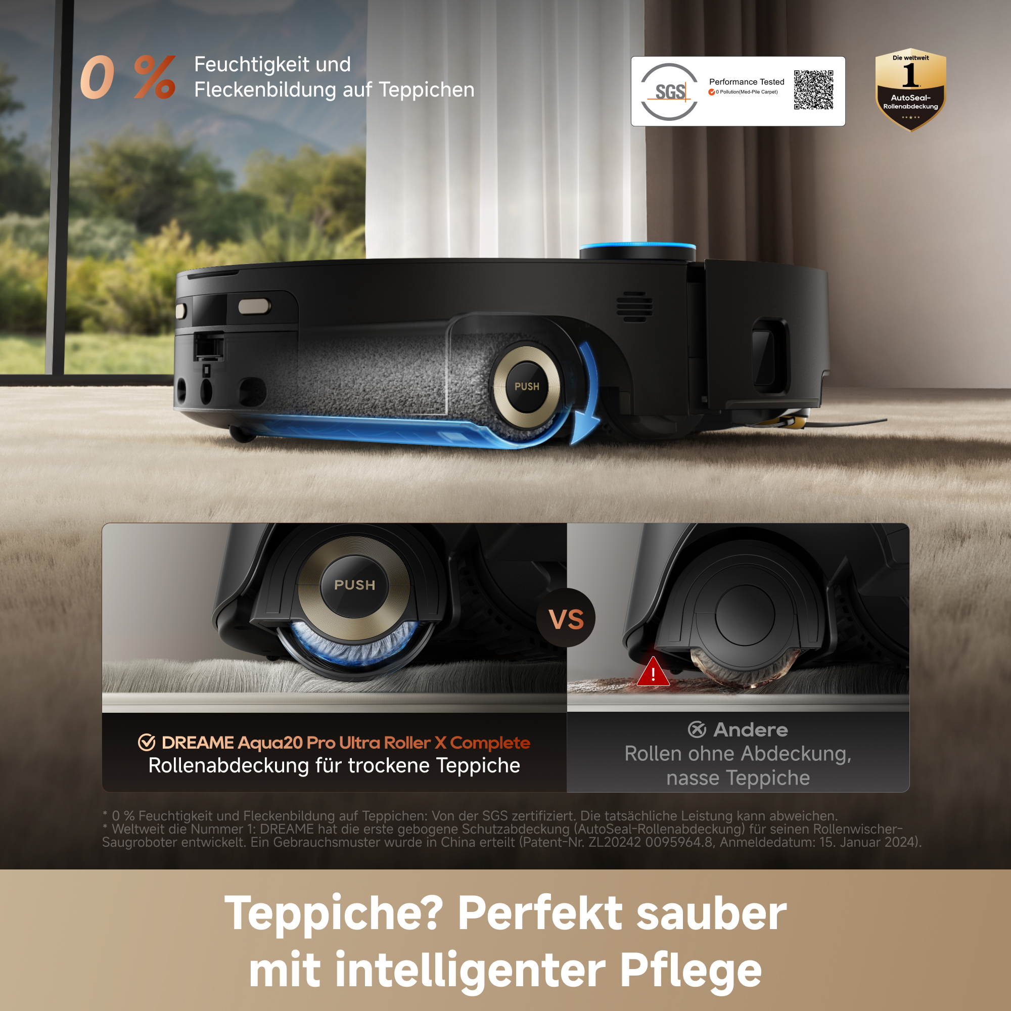Ein schwarzer Saugroboter auf einem Teppich zeigt die Rollenabdeckung im Vergleich zu ungeschützten Rollen.