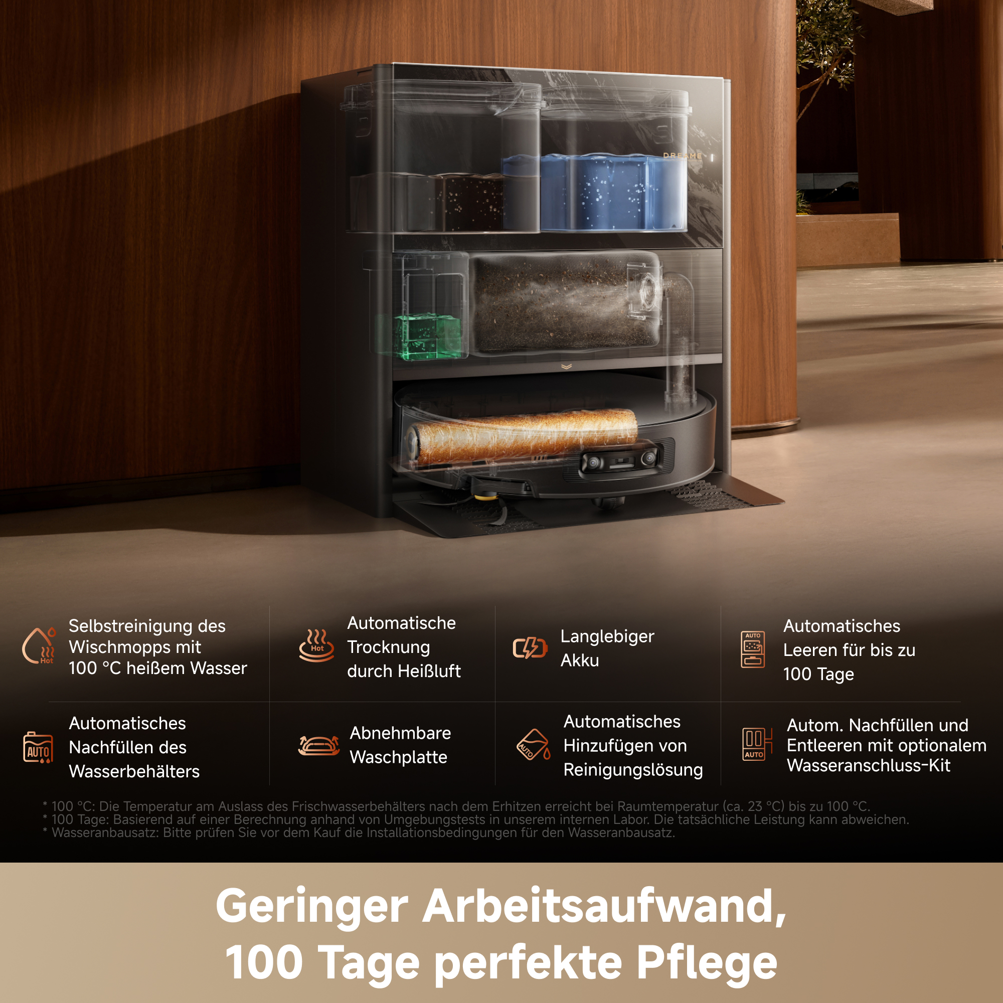 Schnittansicht einer dunklen Reinigungsstation mit Wassertanks, Filter und Saugroboter sowie Text über Features.