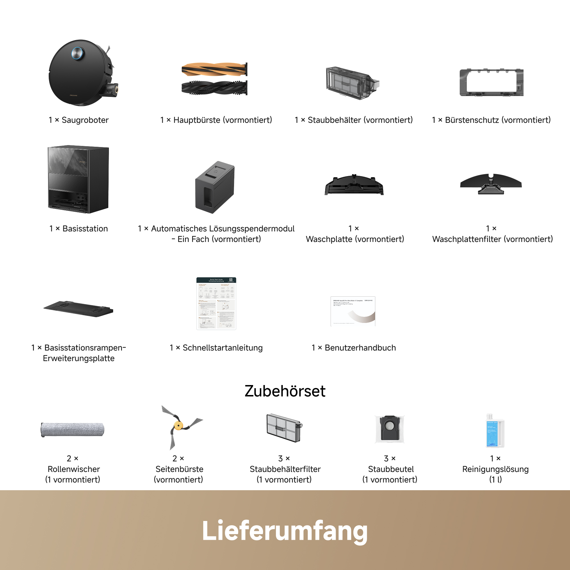 Lieferumfang eines Saugroboters mit Basisstation und Zubehörteilen auf weißem Grund.