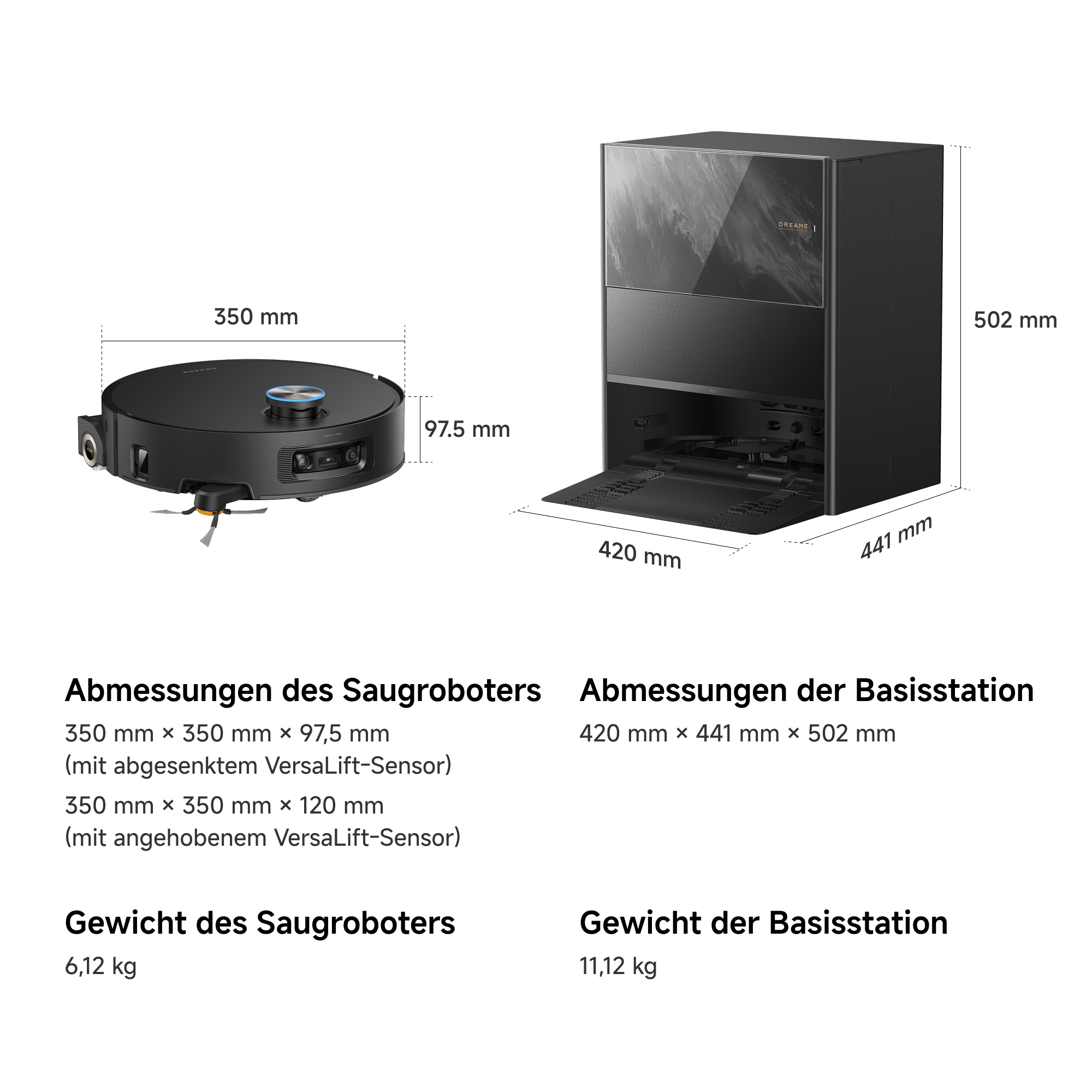 Technische Zeichnung mit Maßen und Gewicht eines Saugroboters und seiner Basisstation.