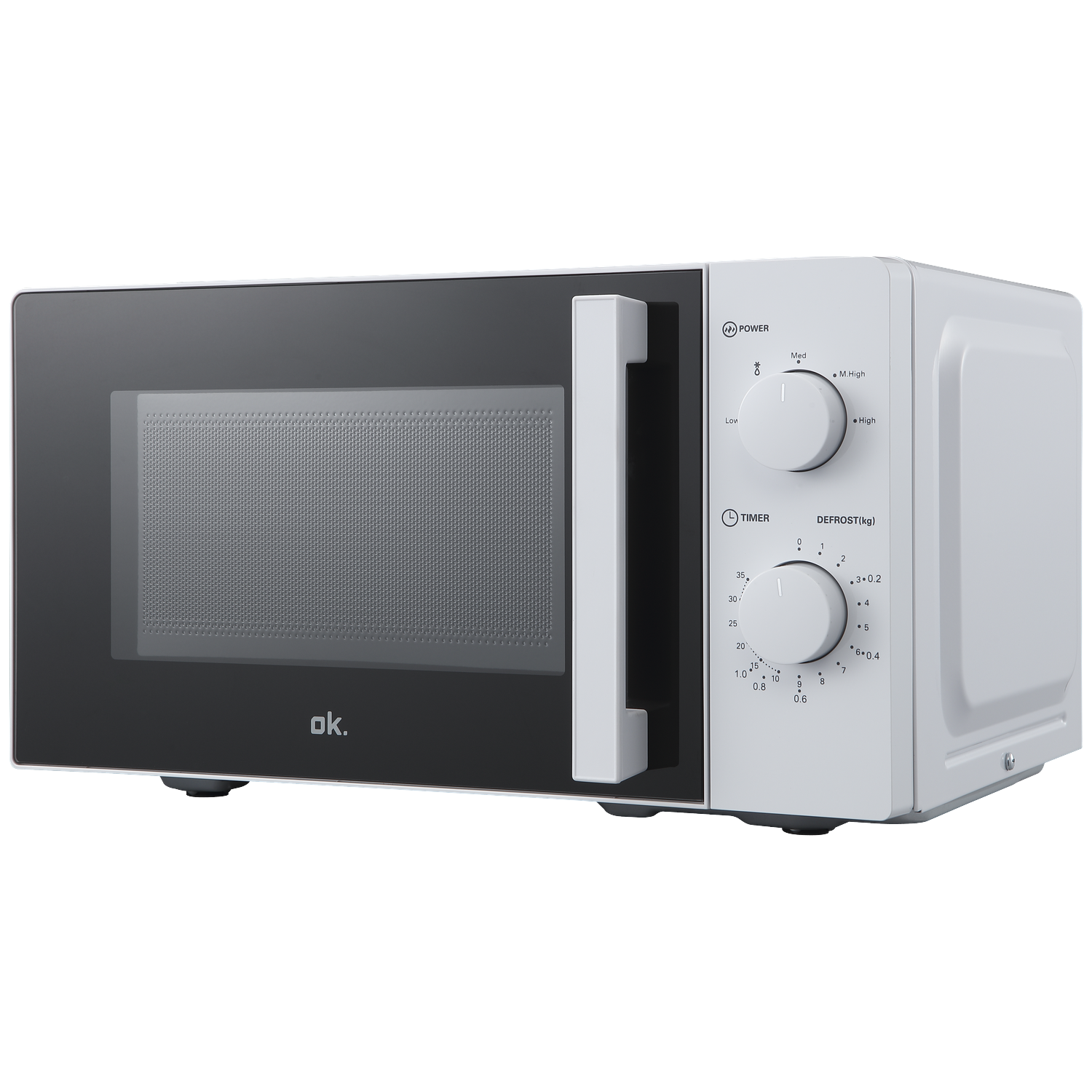 A white microwave with a black glass door and two rotary knobs on the right side.