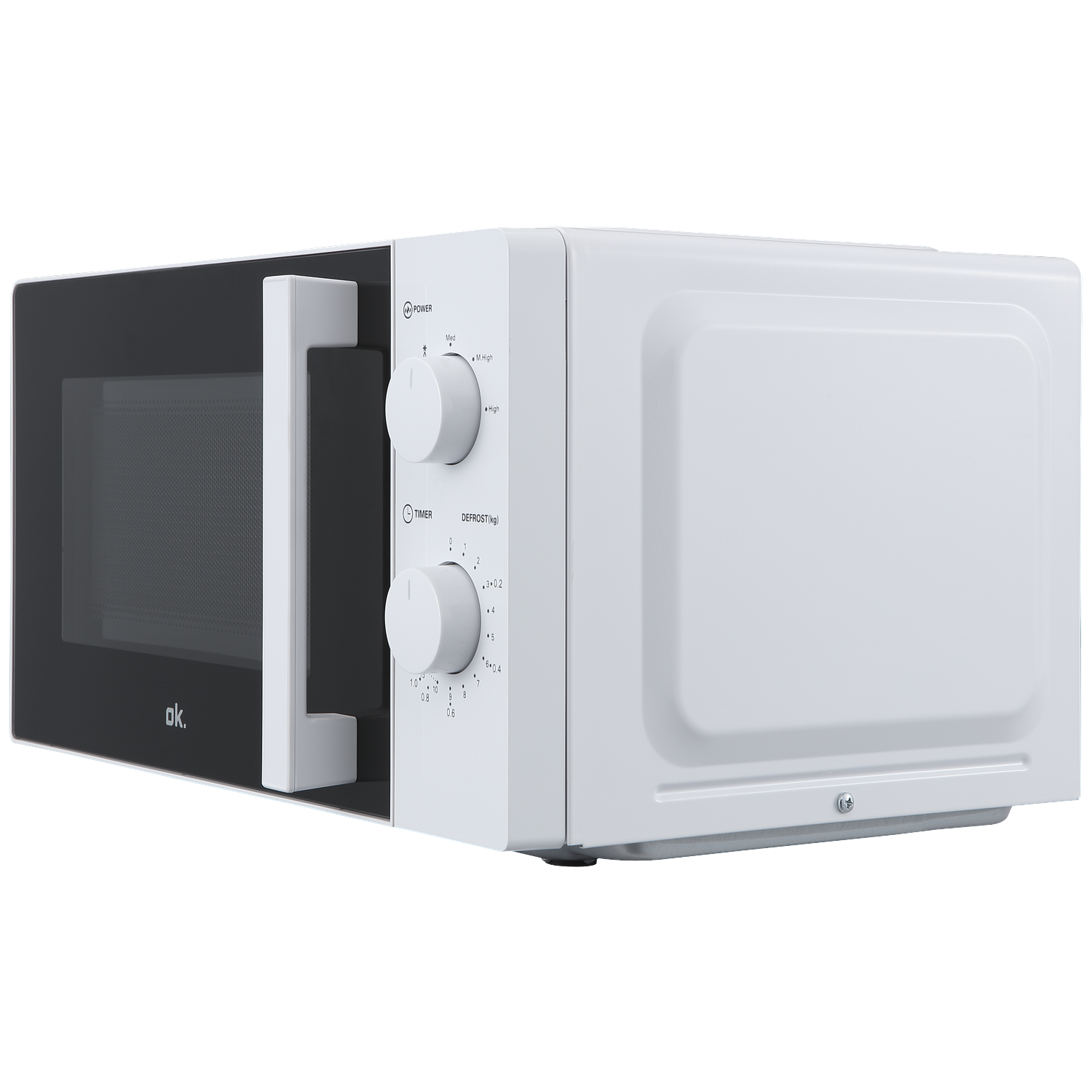 A white microwave with two rotary knobs and a black handle, set against a black background.