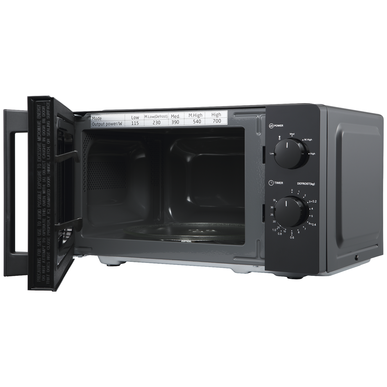 Black microwave with an open door and two dials on the side against a black background.