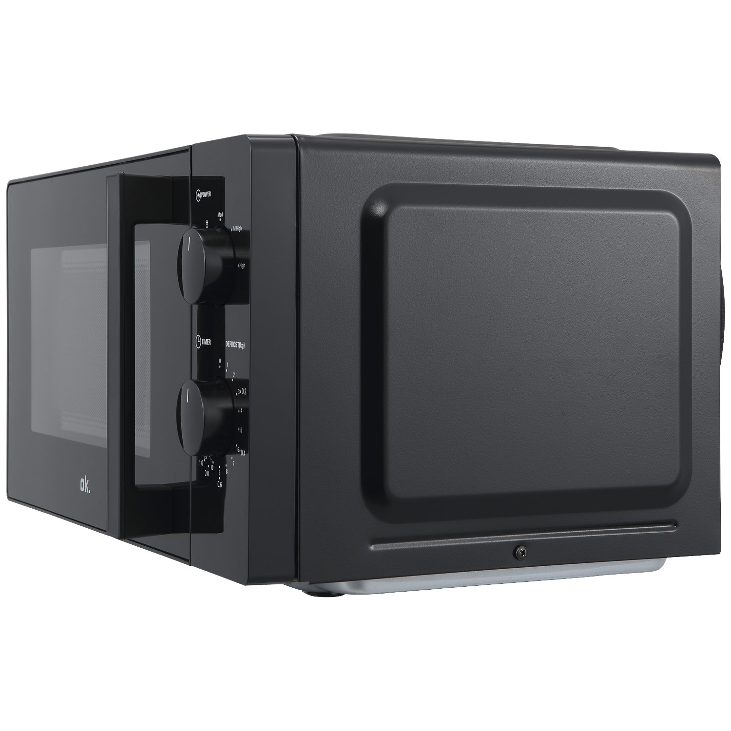 Black microwave with two rotary knobs and a handle on a black background.