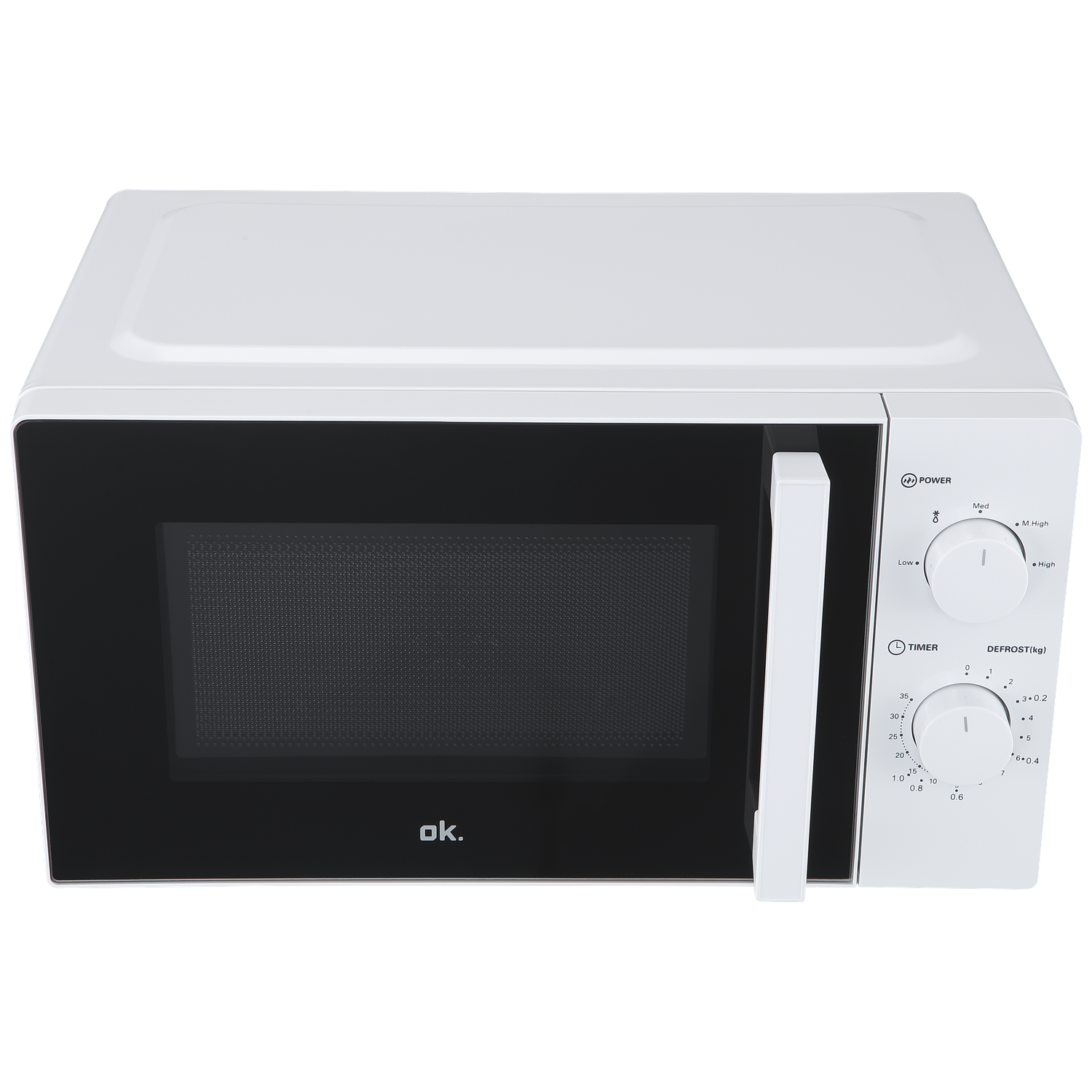 A white microwave with a black door, vertical handle, and two rotary dials on the right against a black background.