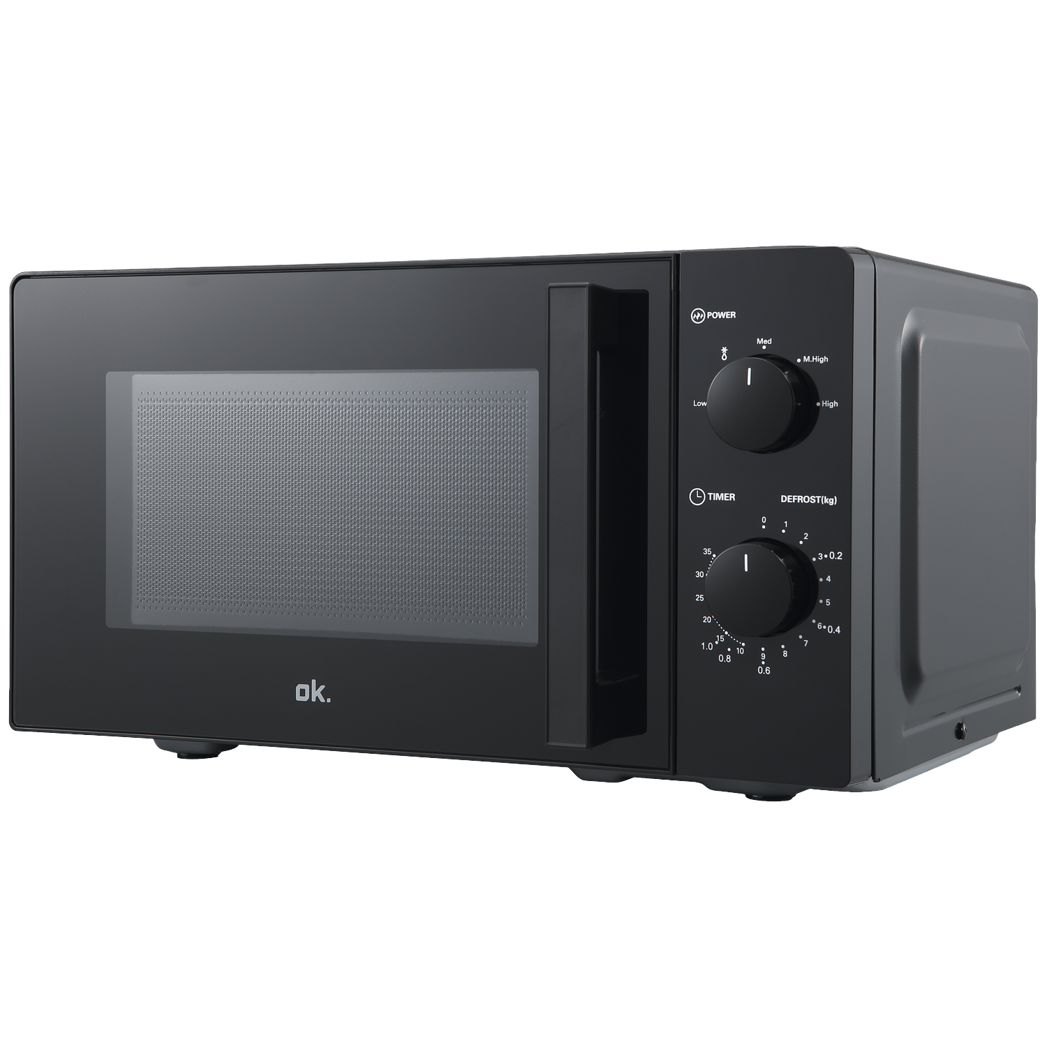 Black microwave with two rotary knobs for power and timer on the right side against a black background.