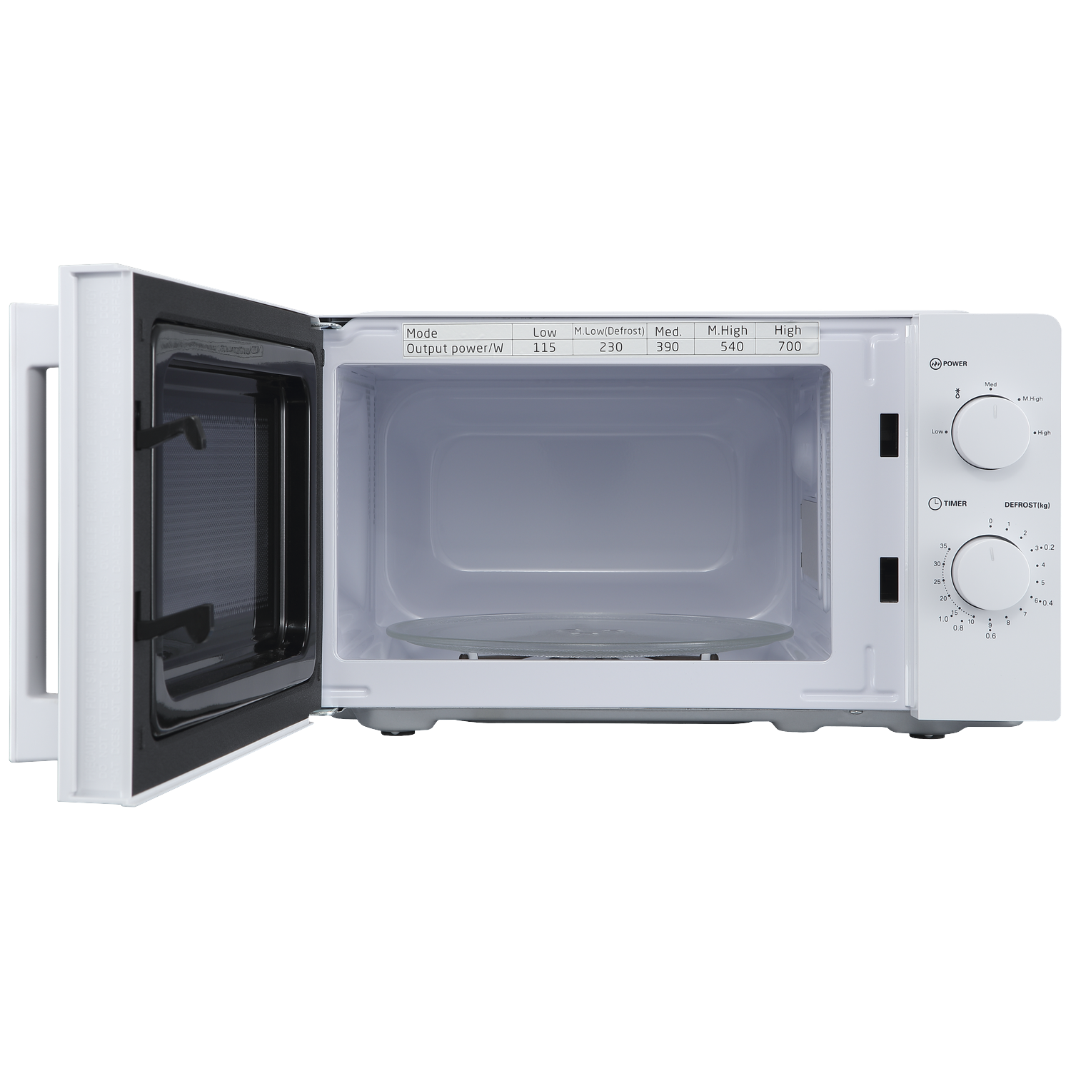 White microwave with open door, round dials on the right, and a transparent glass turntable inside.