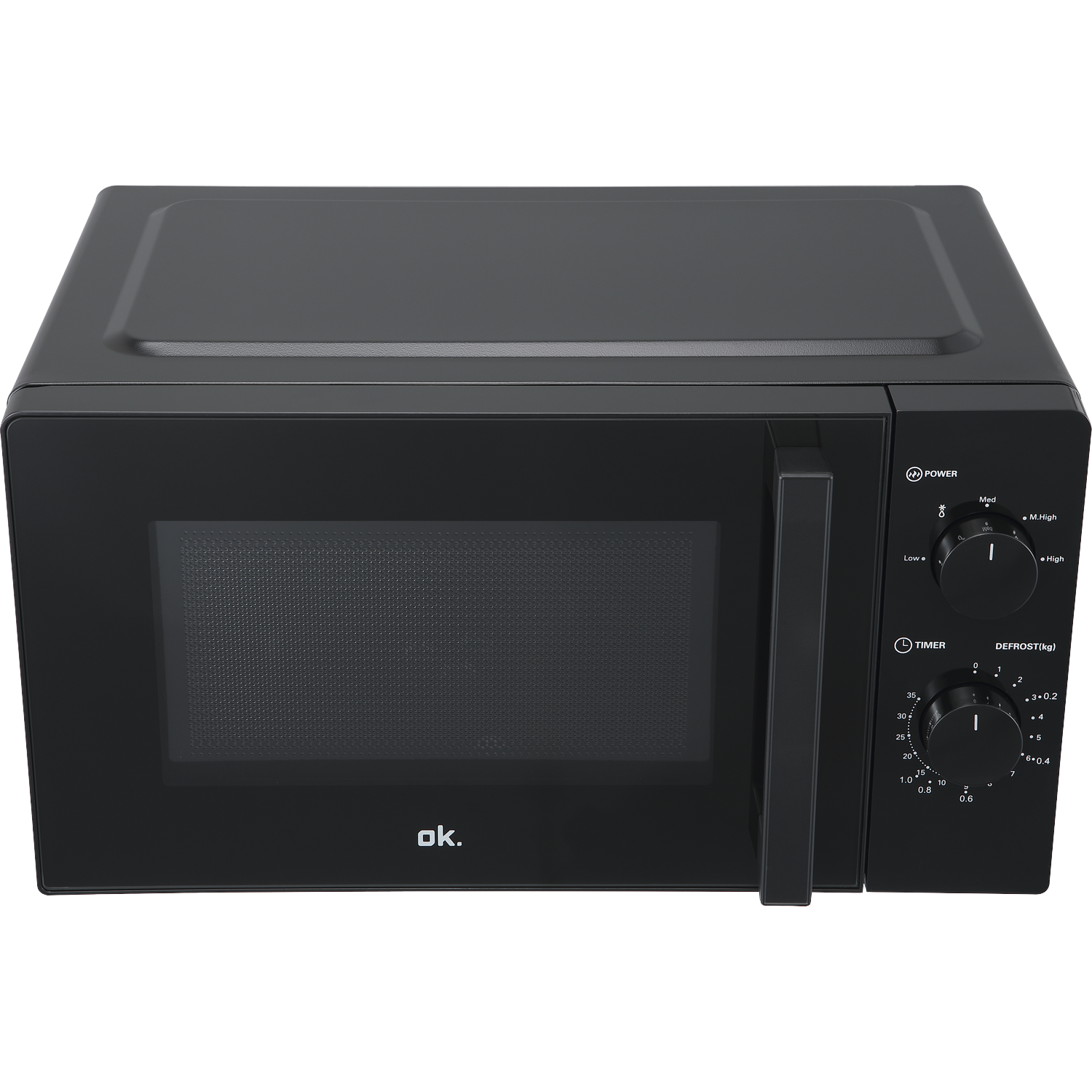 A black microwave with two rotary knobs on the right side and the brand name ok. at the bottom.