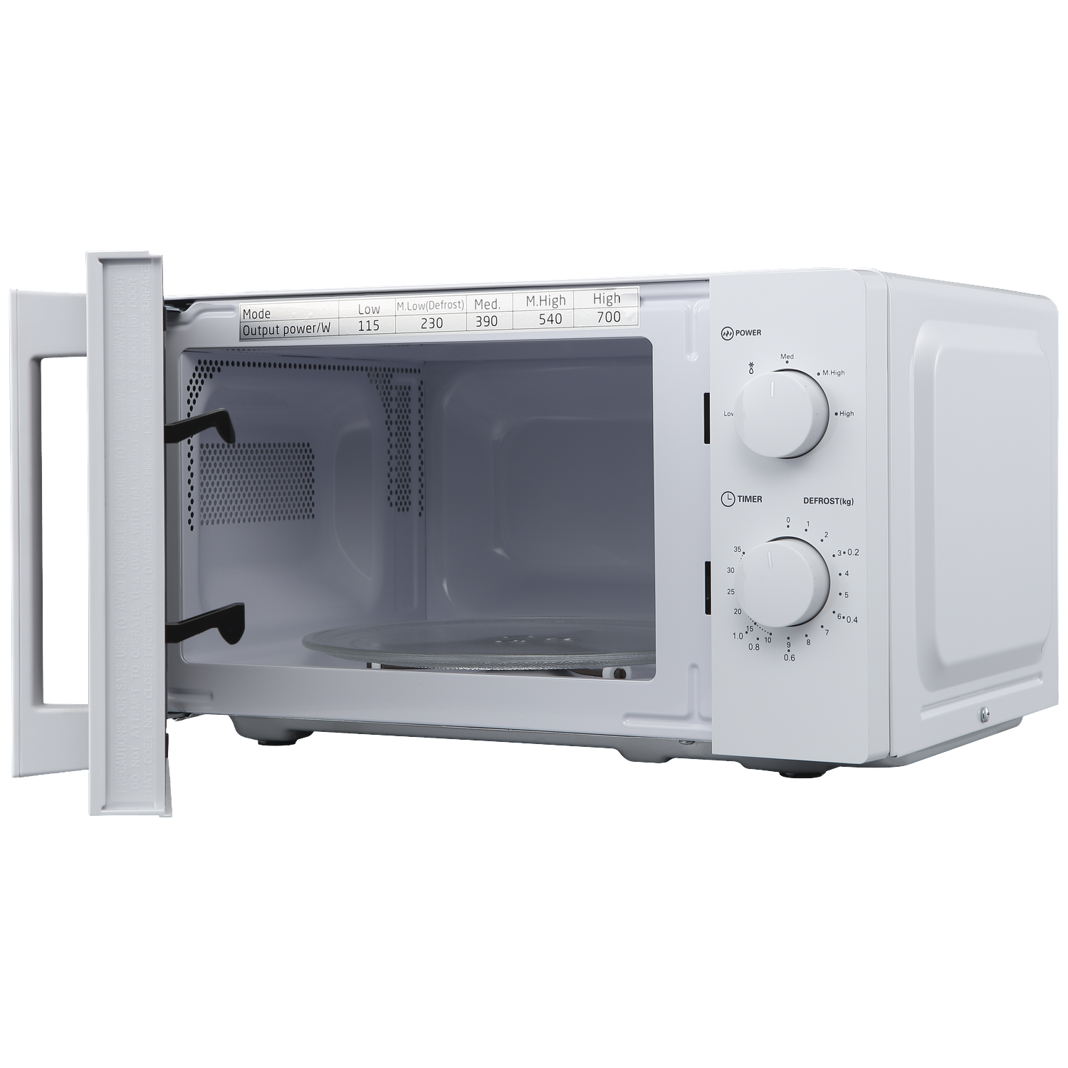 A white microwave with an open door and two control knobs on the right side.