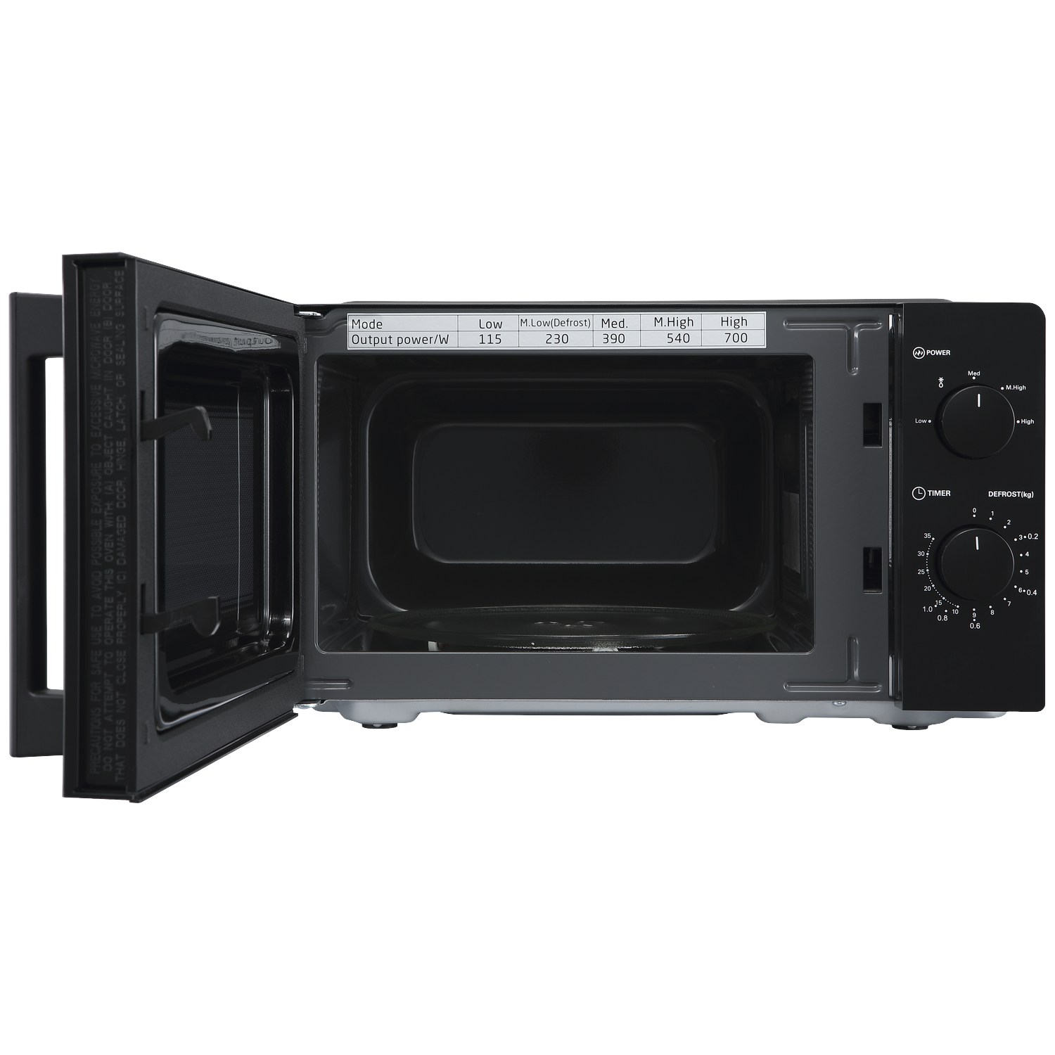 A black microwave with its door open, a control panel, and a power level chart on the top inside edge.
