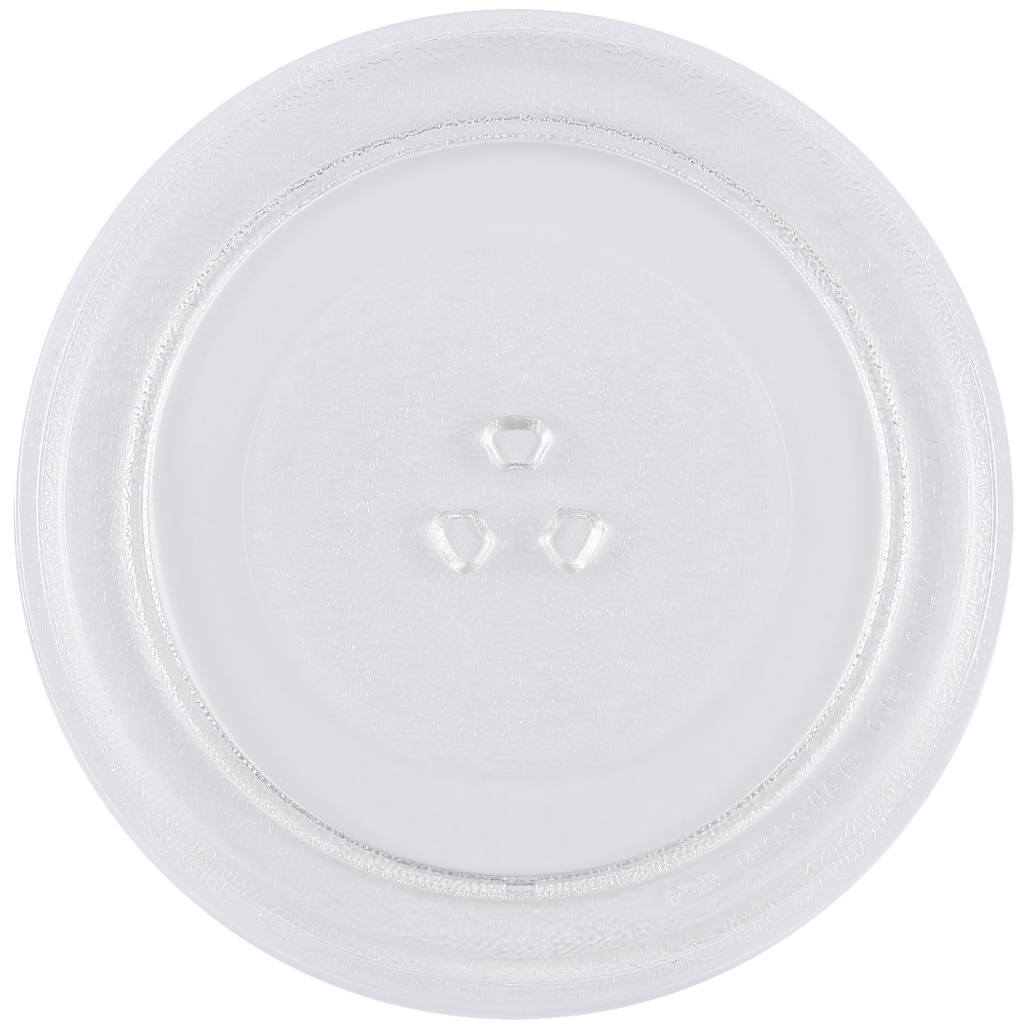 A round, clear microwave glass turntable plate with a textured surface and three center attachment ridges.