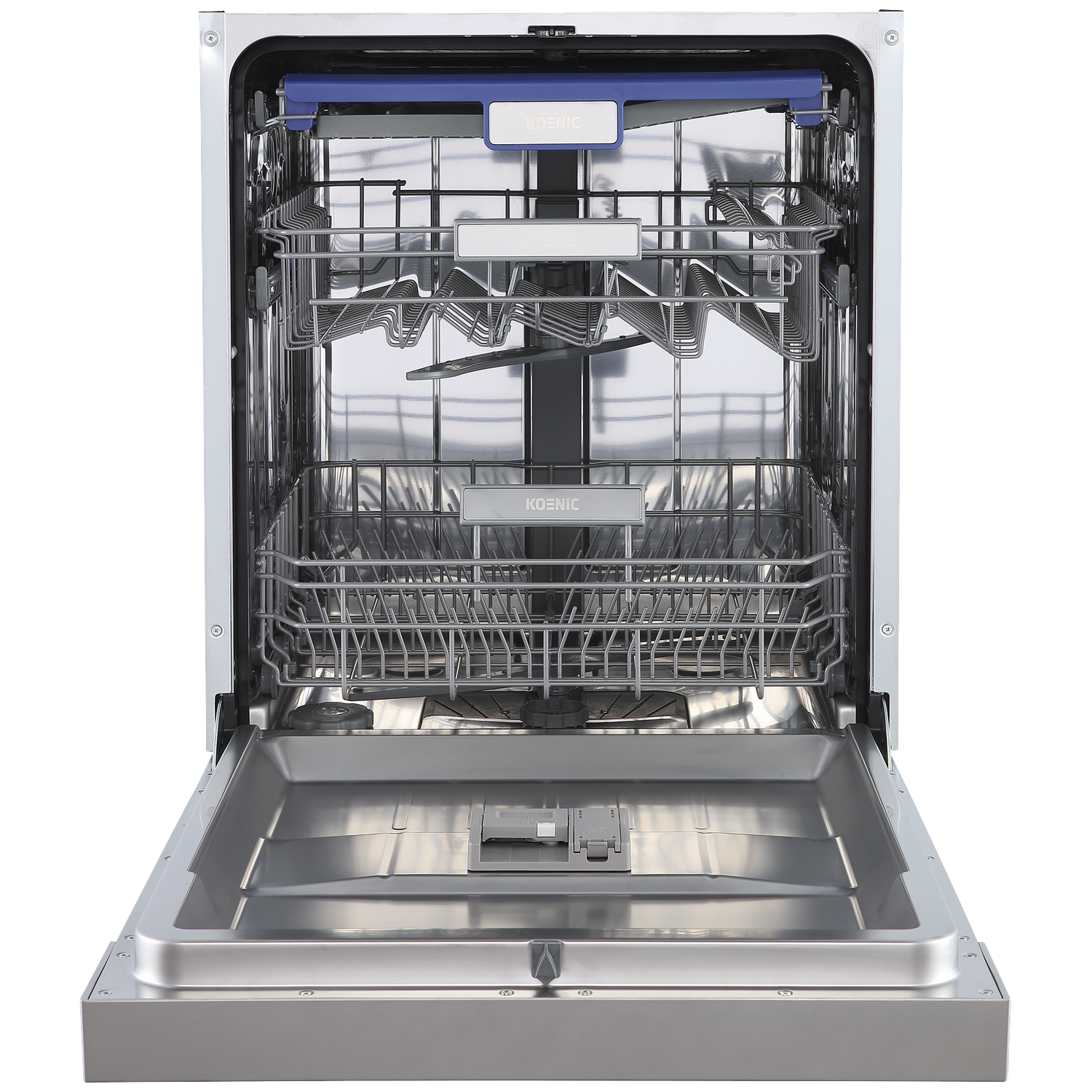 Open silver dishwasher with empty racks and stainless steel interior against a black background.