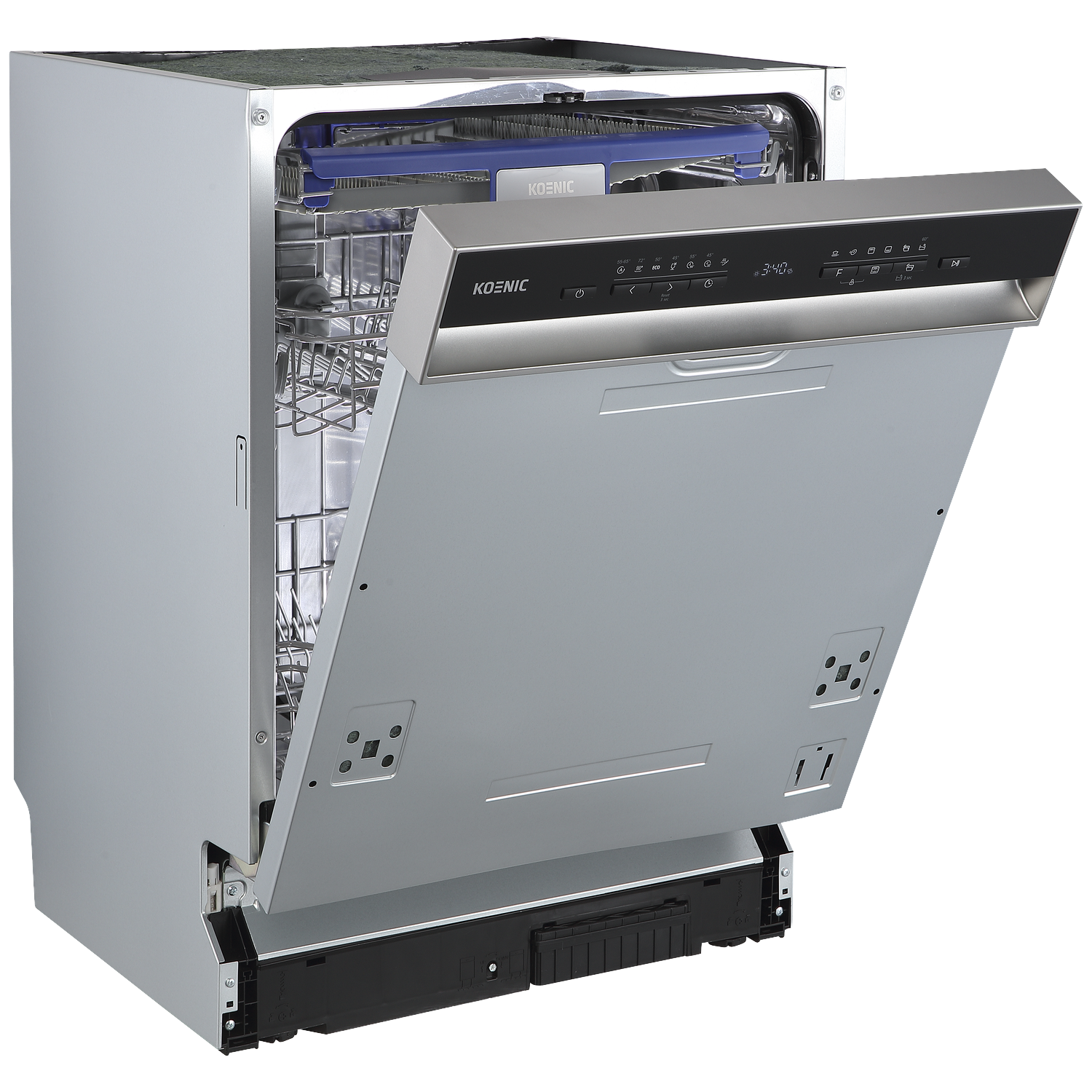 A silver Koenic dishwasher with its door open, showing a digital control panel and metal racks inside.