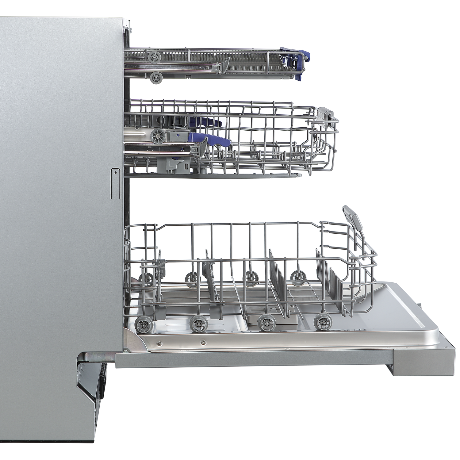 Open silver dishwasher with three pull-out metal racks against a white background.