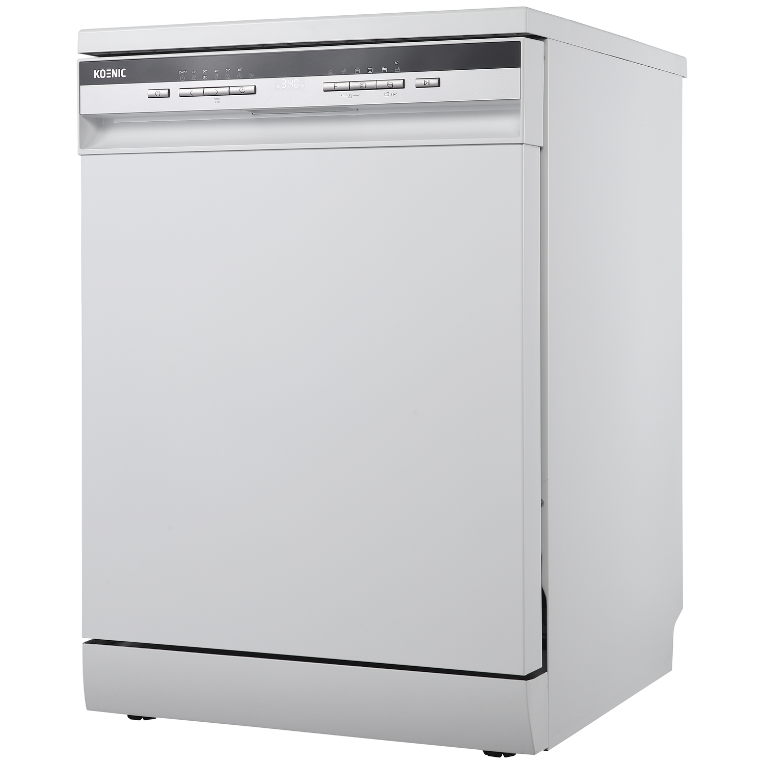 Un lave-vaisselle blanc Koenic avec écran numérique et panneau de commande en acier inoxydable sur fond blanc.