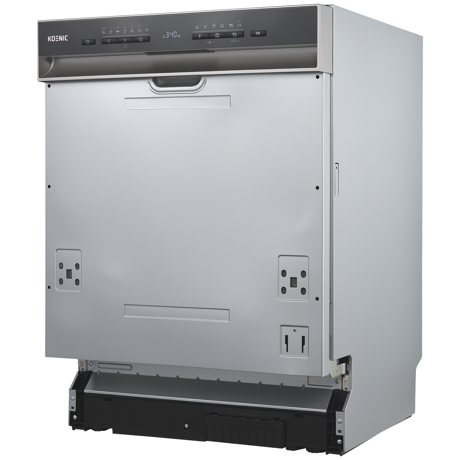 A silver integrated dishwasher with a black control panel against a black background.