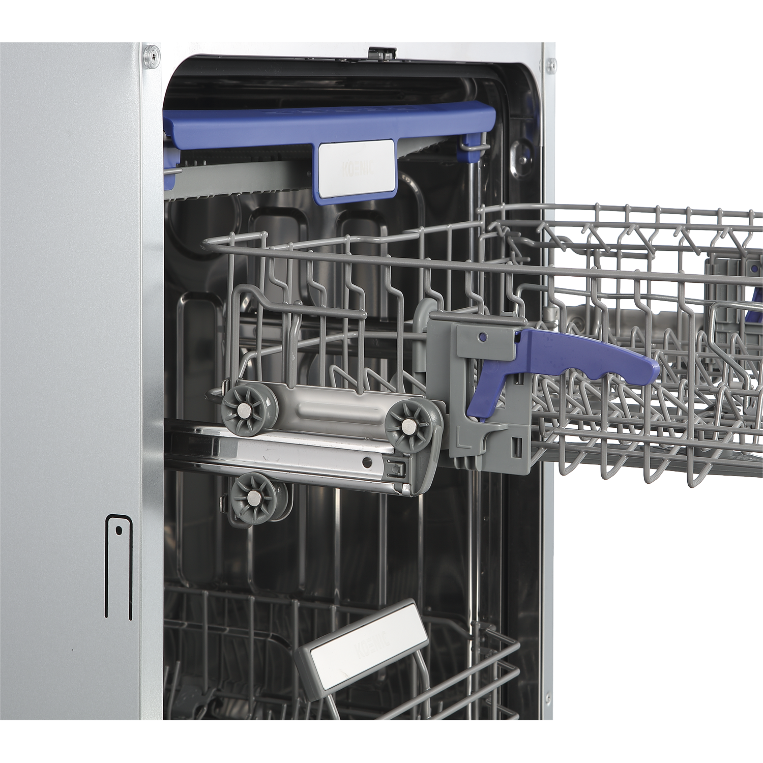Open silver dishwasher with pulled-out grey racks and blue details inside against a black background.