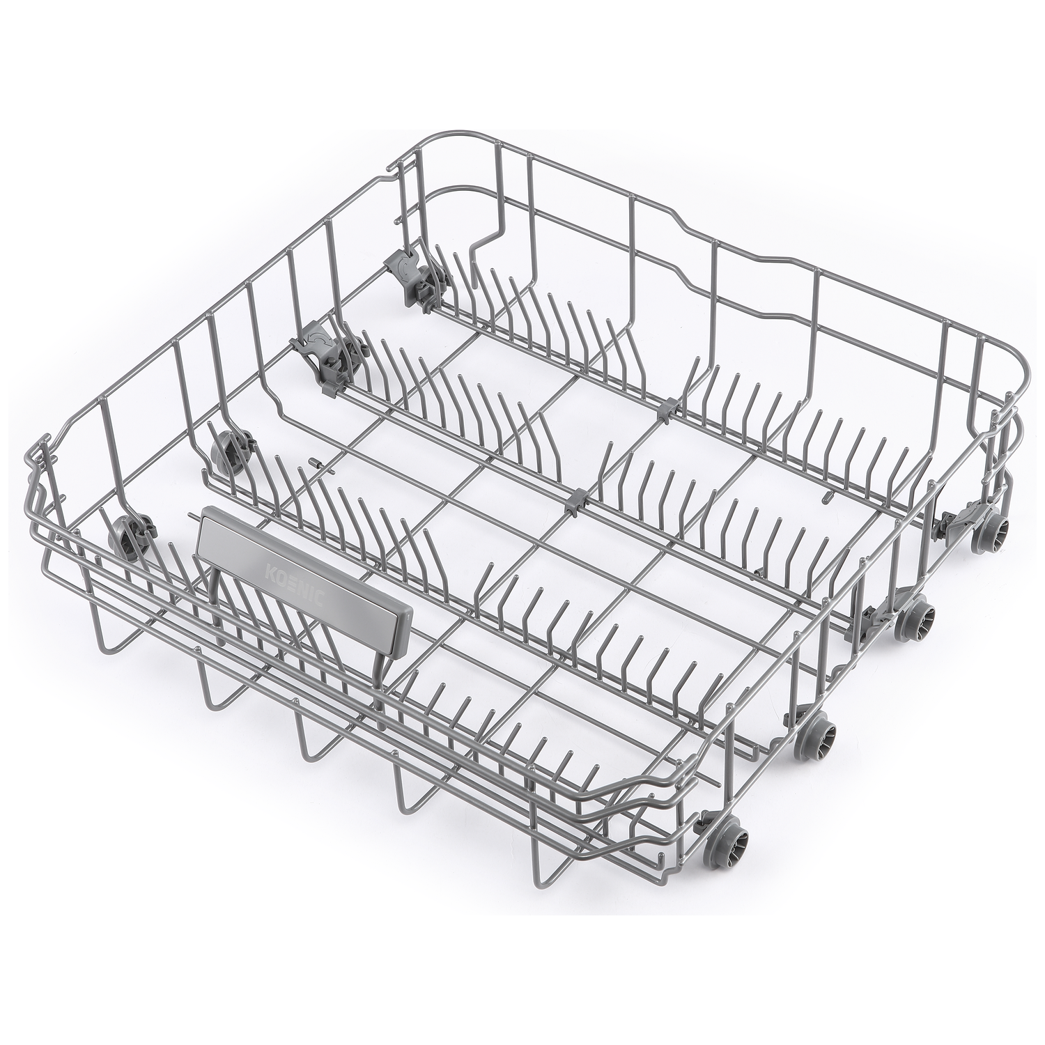 Un panier inférieur de lave-vaisselle gris avec des pics et des roues, sur fond blanc.