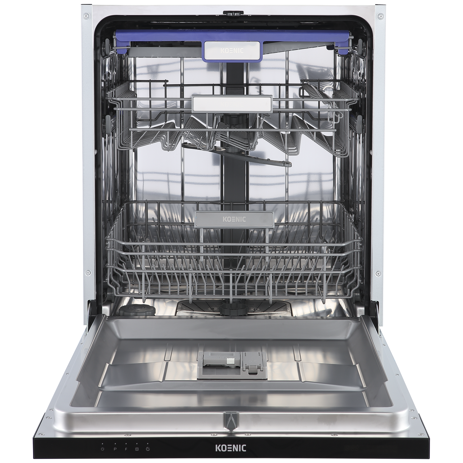 Lave-vaisselle ouvert avec intérieur argenté, deux paniers métalliques et porte ouverte avec distributeur de produit.