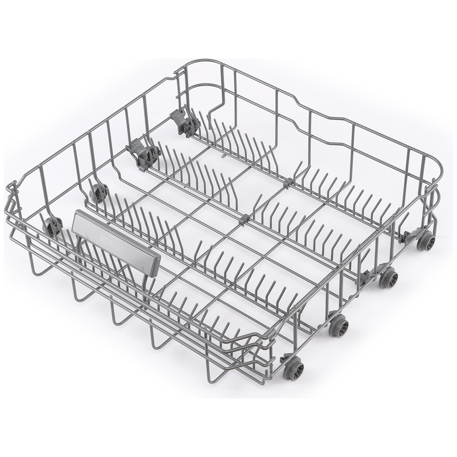 Grey dishwasher rack with wheels and rows of tines on a white background.