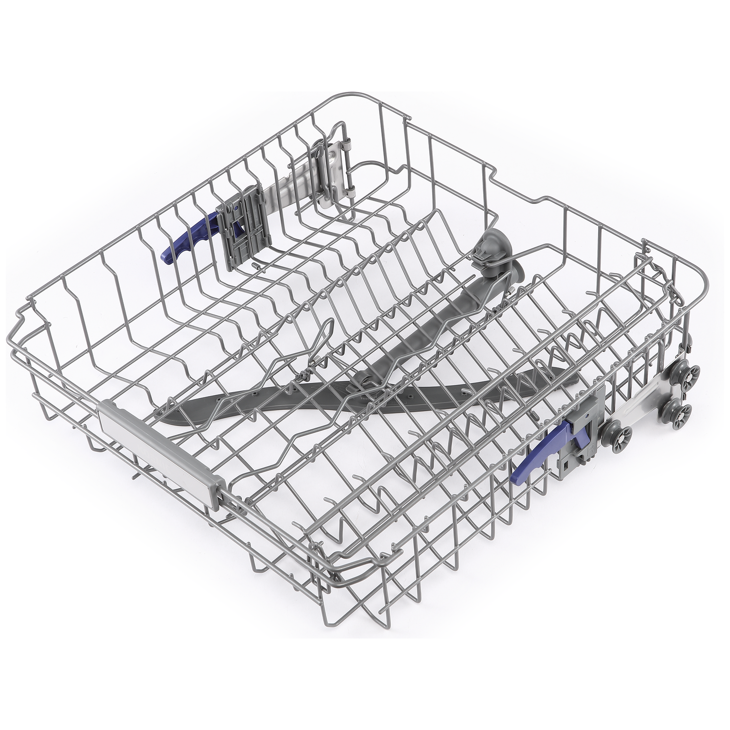 Grey dishwasher rack with spray arm and small grey wheels on white background.