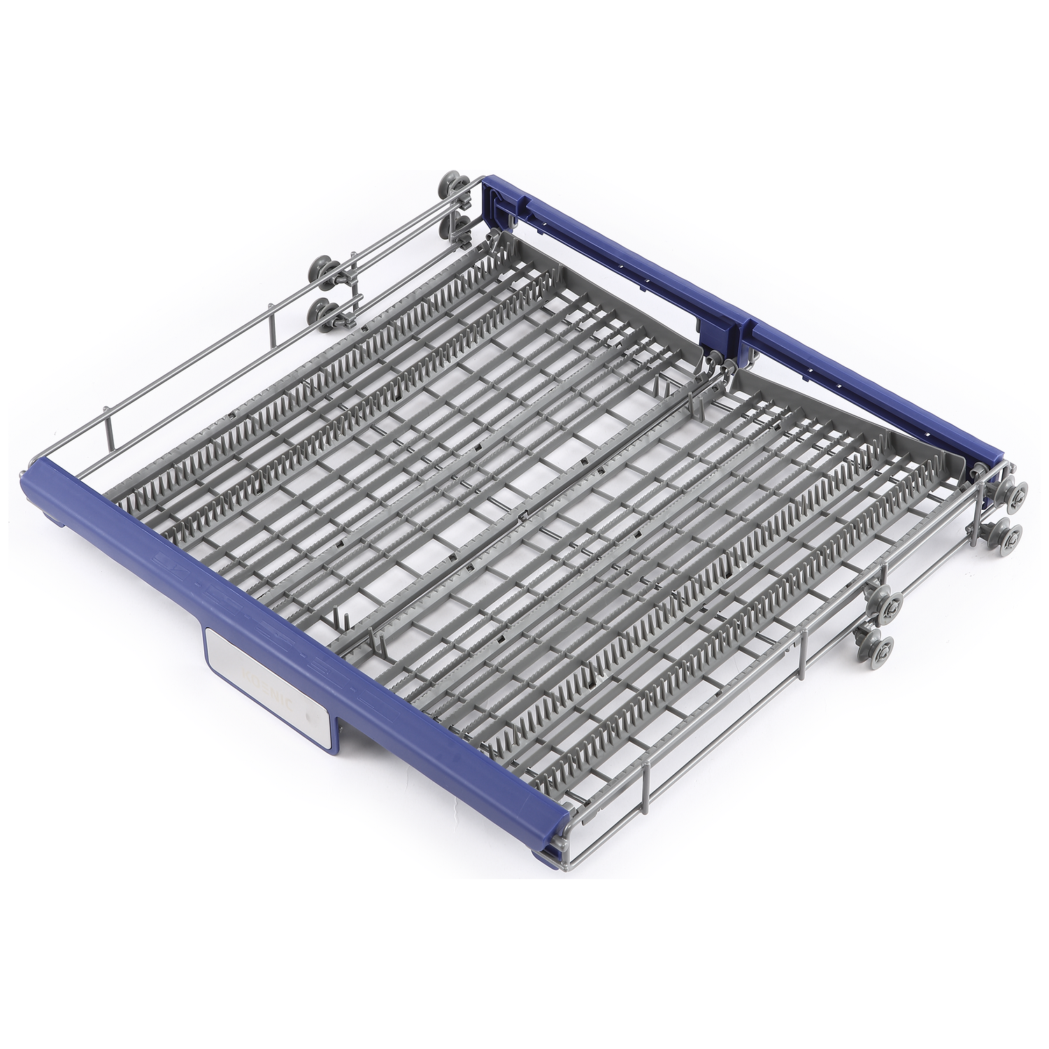 Un panier de lave-vaisselle gris et bleu avec des roulettes sur fond blanc.