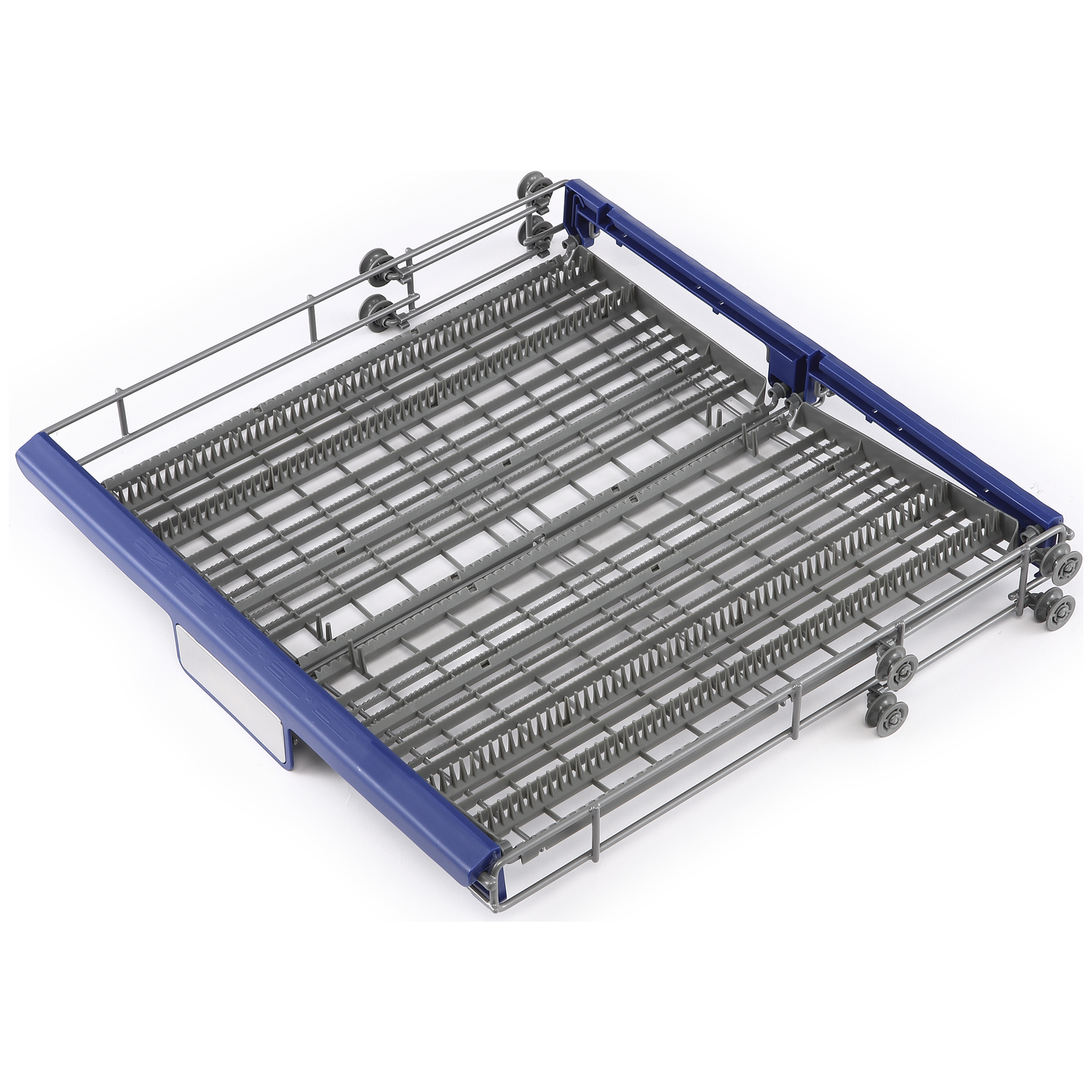 Gray dishwasher rack with blue handles and small wheels on a white background.