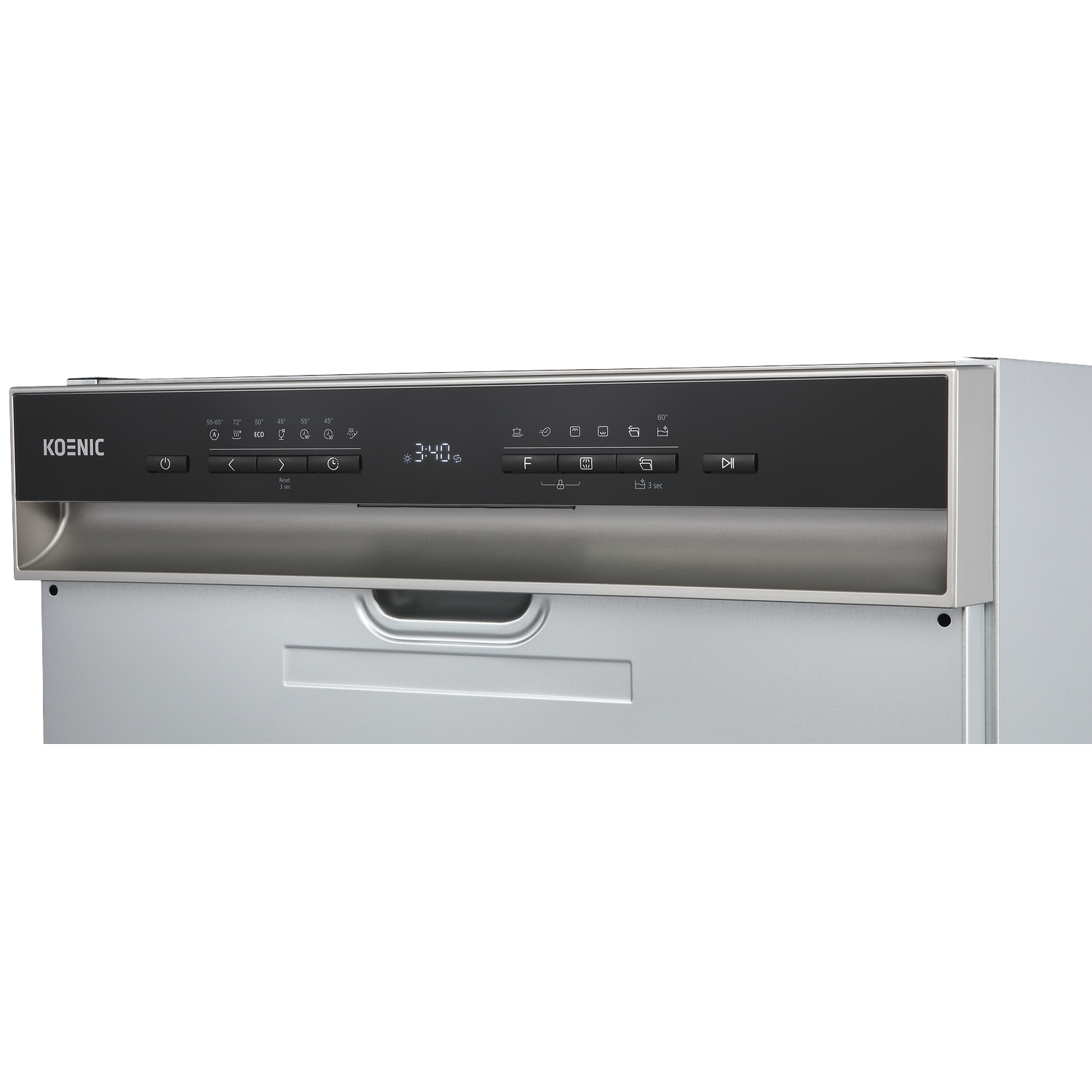 Control panel of a silver Koenic dishwasher with digital display and various program buttons.