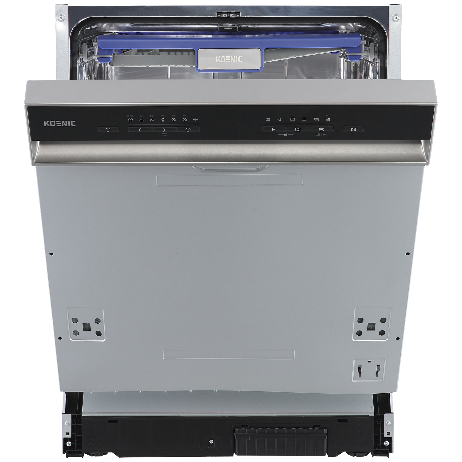 Open silver Koenic dishwasher with black control panel and blue cutlery tray.