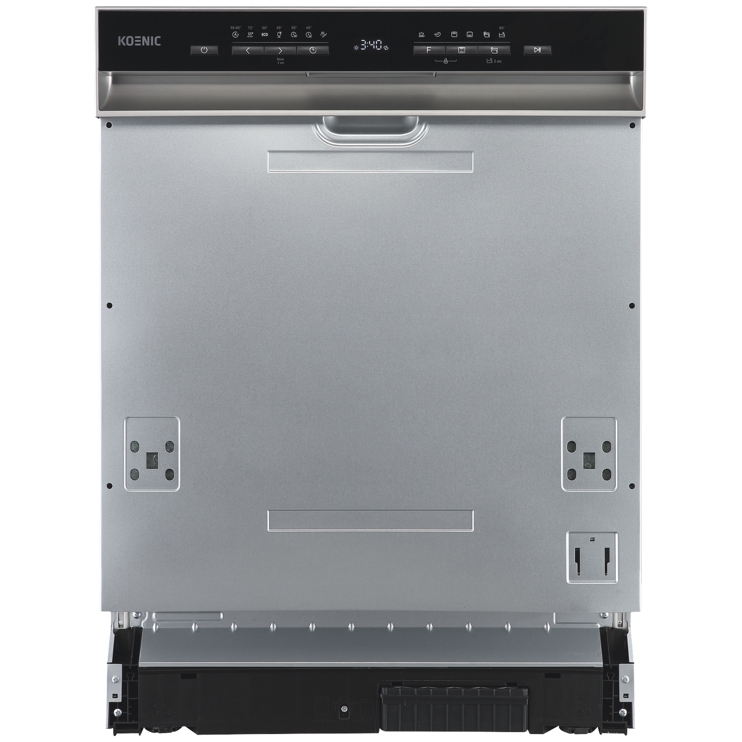 Front view of a silver Koenic dishwasher with a black control panel.