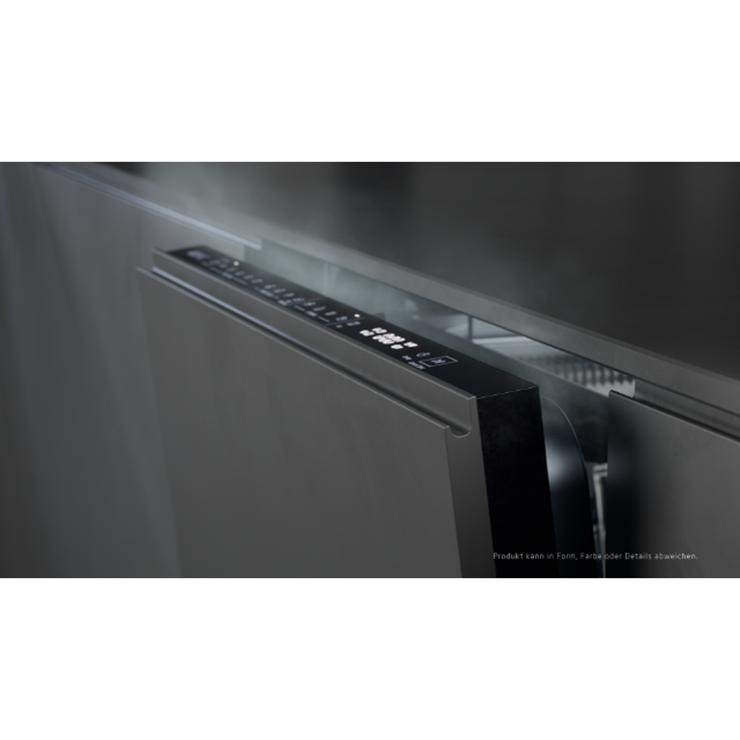 Un lave-vaisselle noir moderne avec panneau tactile numérique sur le dessus, émettant de la vapeur.