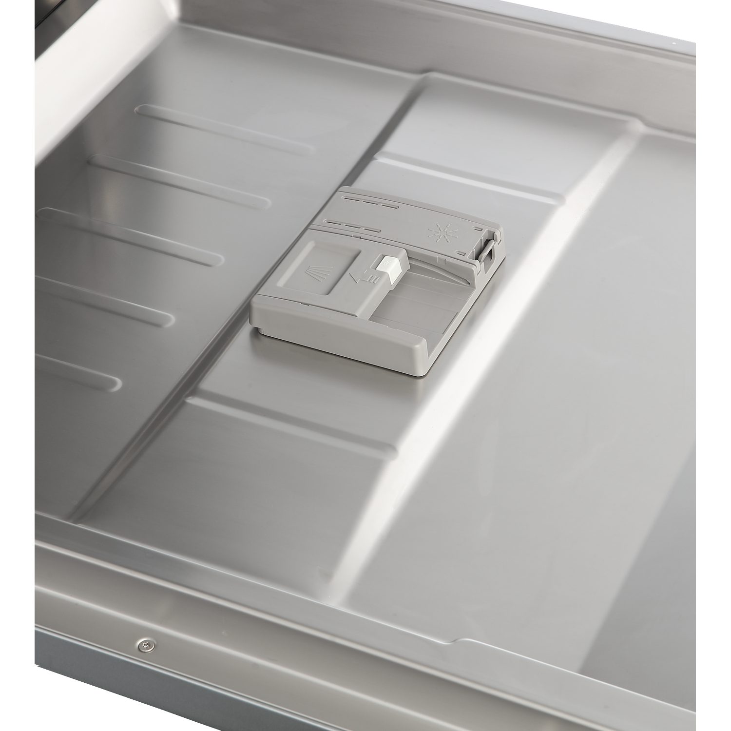 The interior of a stainless steel dishwasher door with an integrated detergent dispenser.