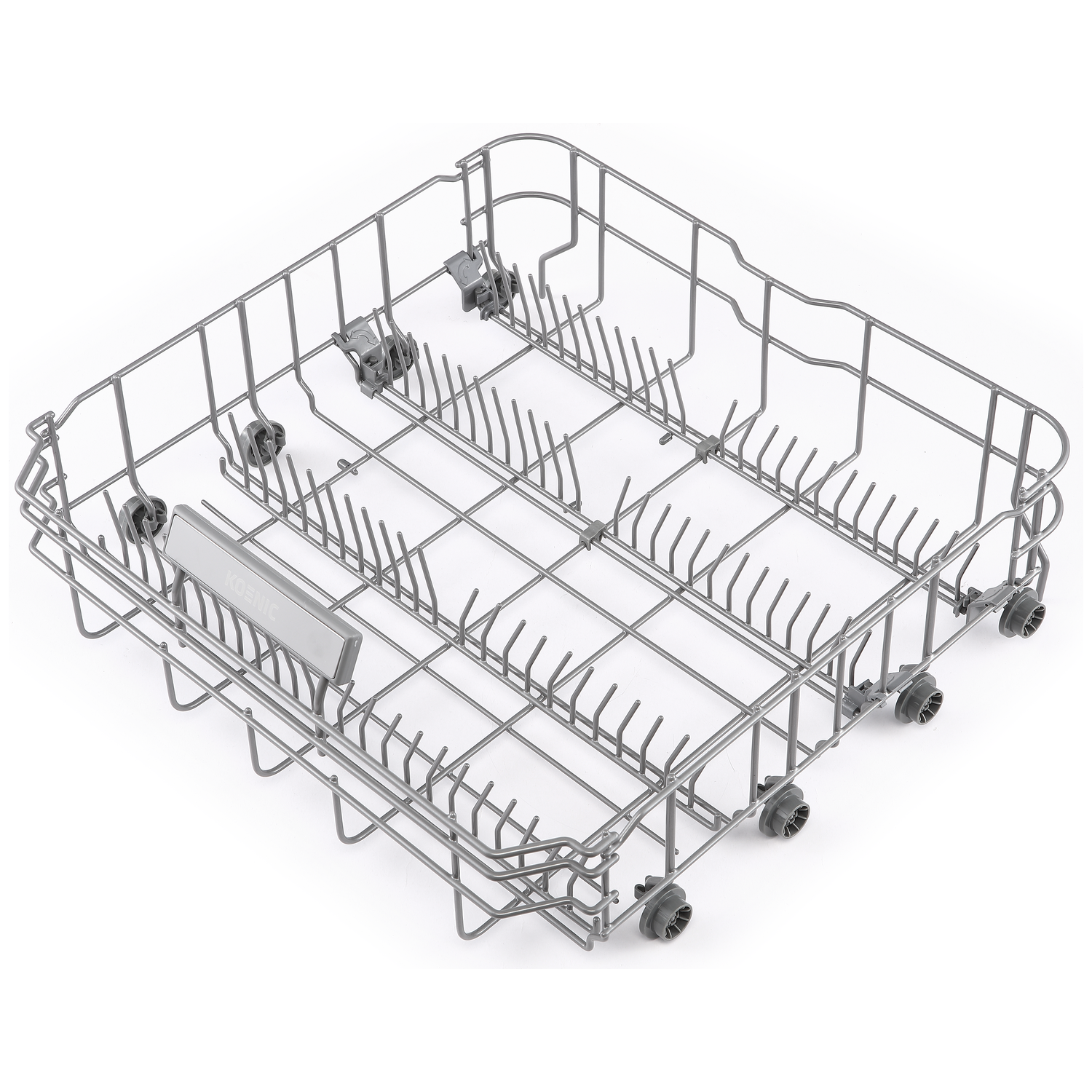 Un panier de lave-vaisselle gris avec des roulettes sur fond blanc.