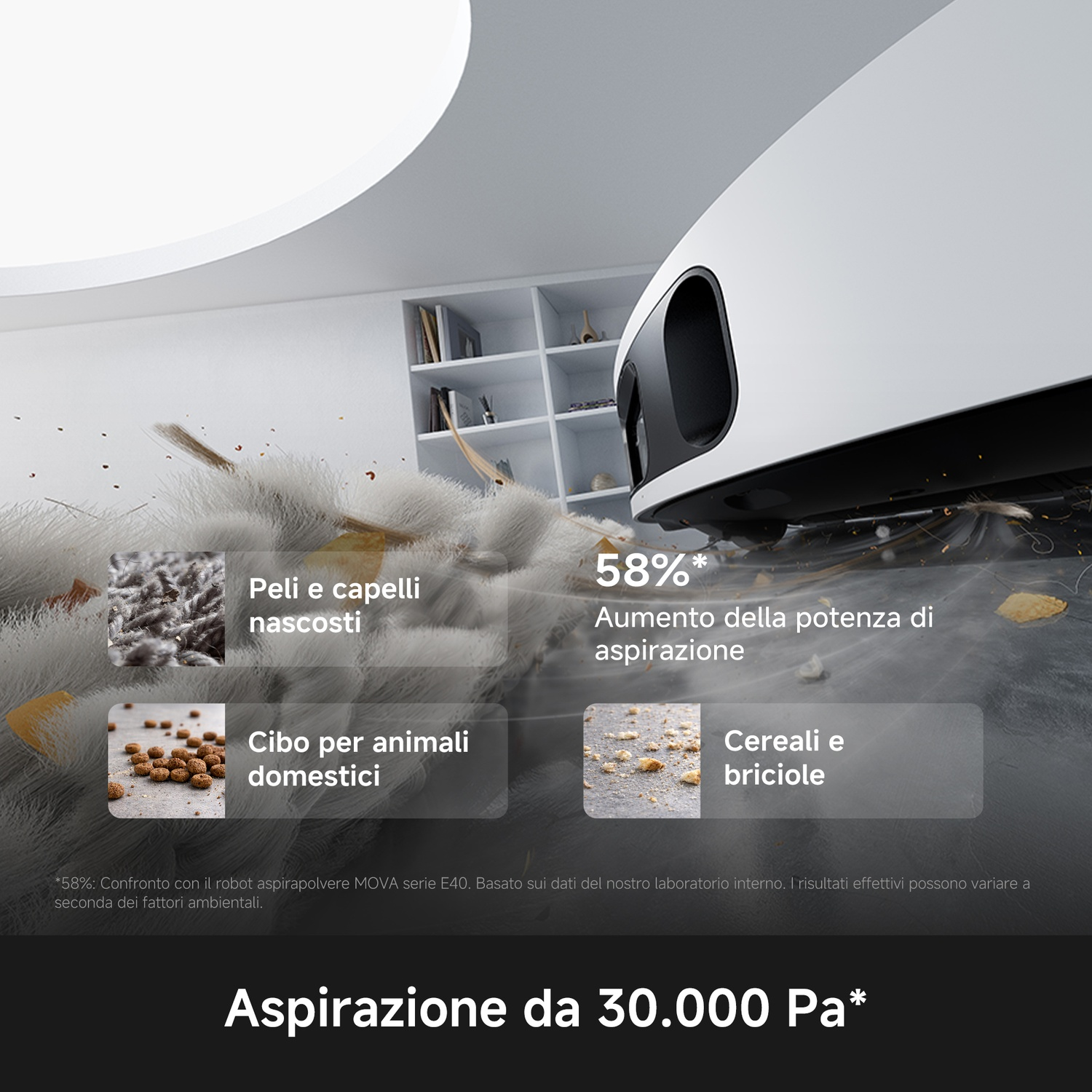 Robot aspirapolvere bianco pulisce efficacemente sporco, peli e briciole con 30.000 Pa di potenza.
