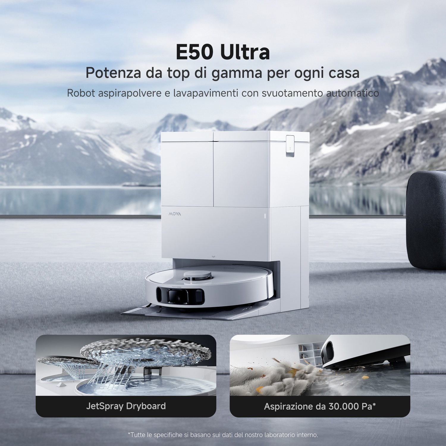 Robot aspirapolvere e lavapavimenti bianco Mova E50 Ultra con base davanti a un paesaggio montano.