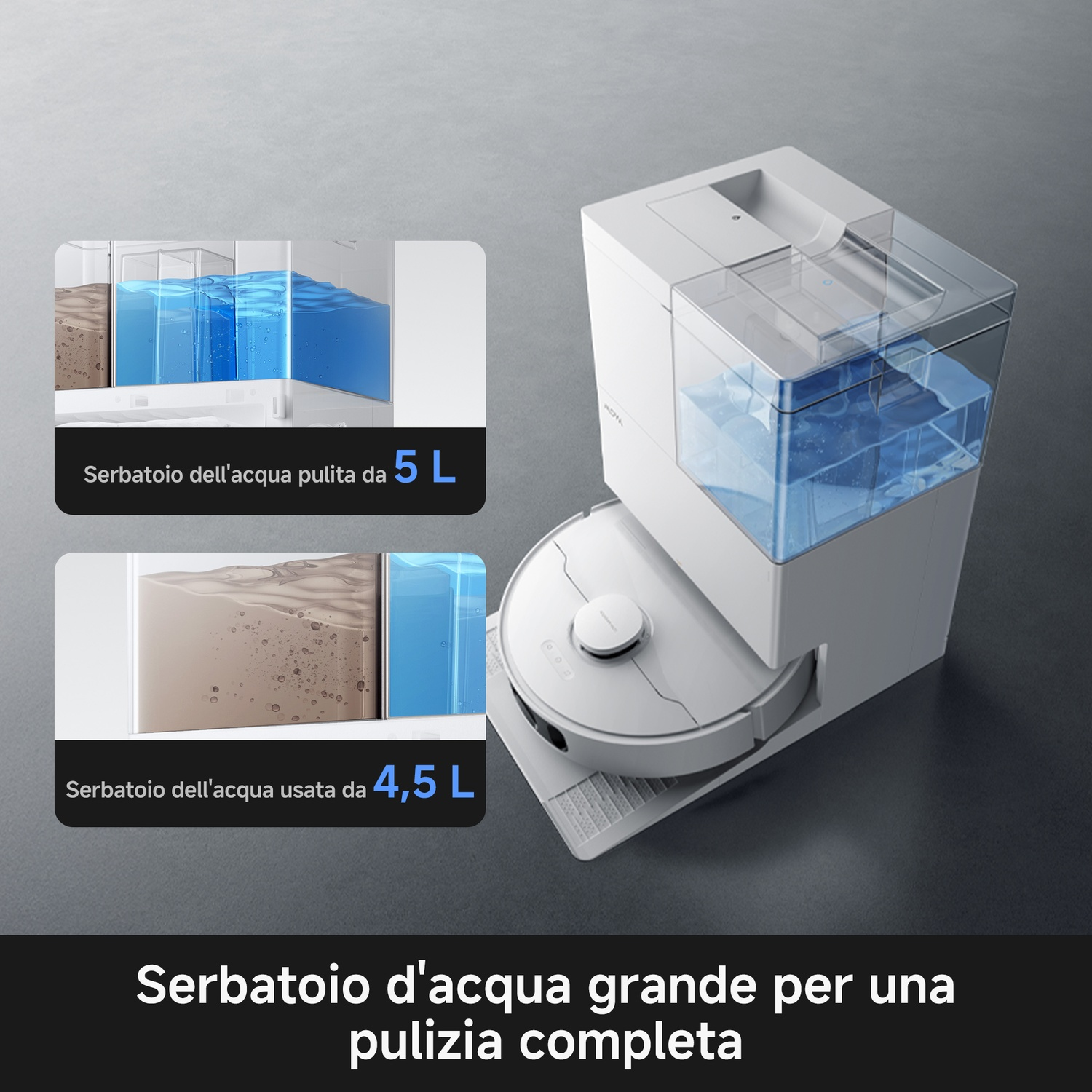 Serbatoi d'acqua per robot aspirapolvere con 5L d'acqua pulita e 4,5L d'acqua sporca.