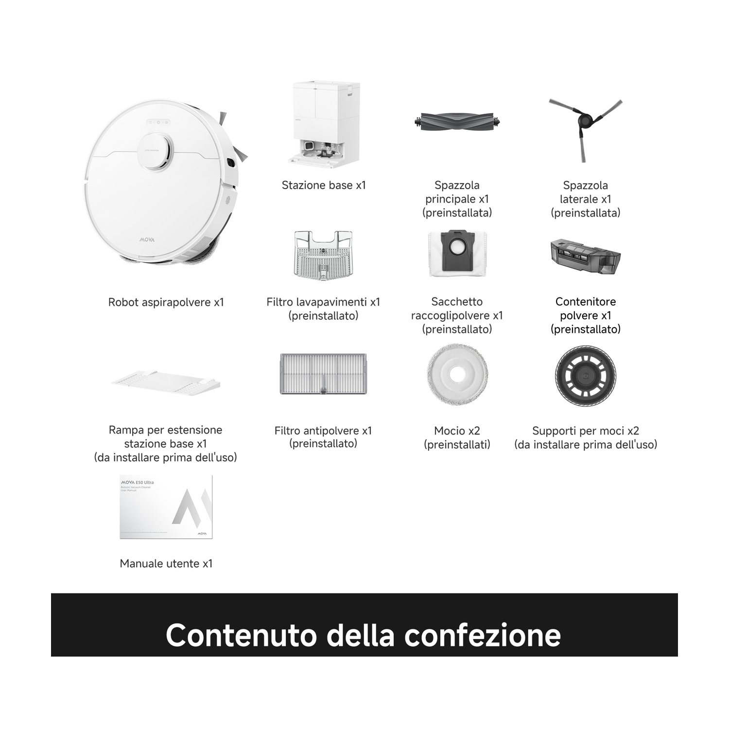 Contenuto della confezione del robot aspirapolvere Mova E50 Ultra con stazione base e accessori.