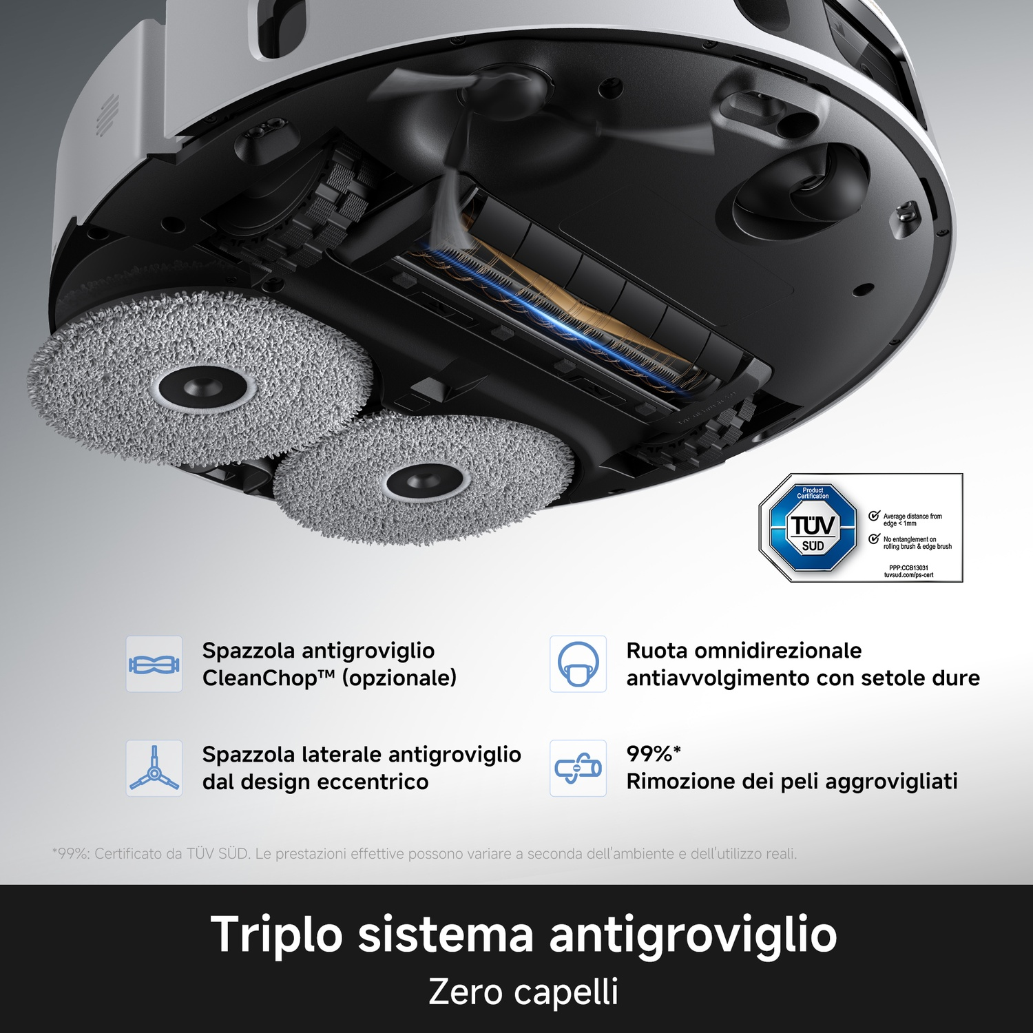 Vista inferiore di un robot aspirapolvere con due mop rotondi, spazzola principale e icone con testo.