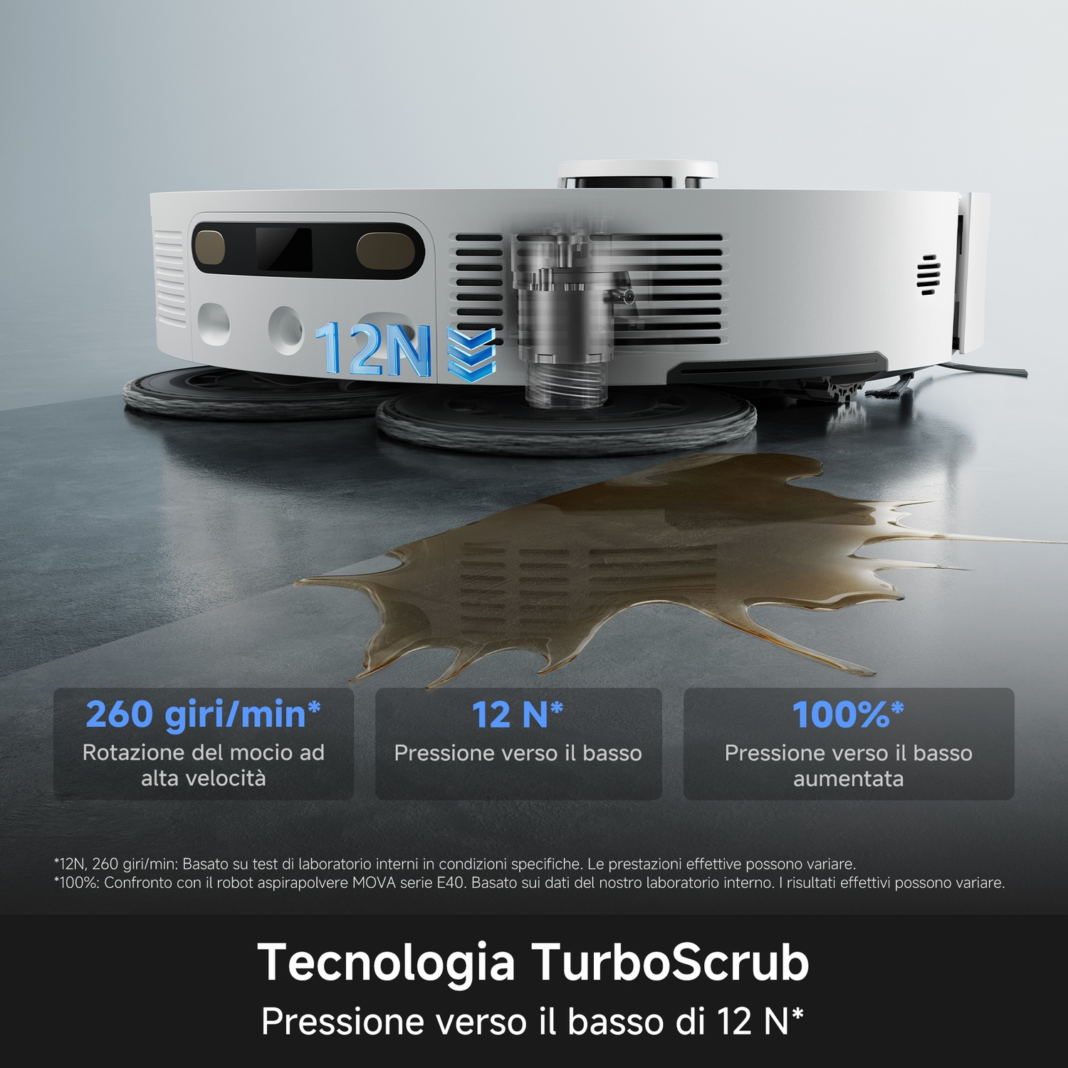 Robot aspirapolvere bianco con tecnologia TurboScrub e pressione di 12N su pavimento bagnato.