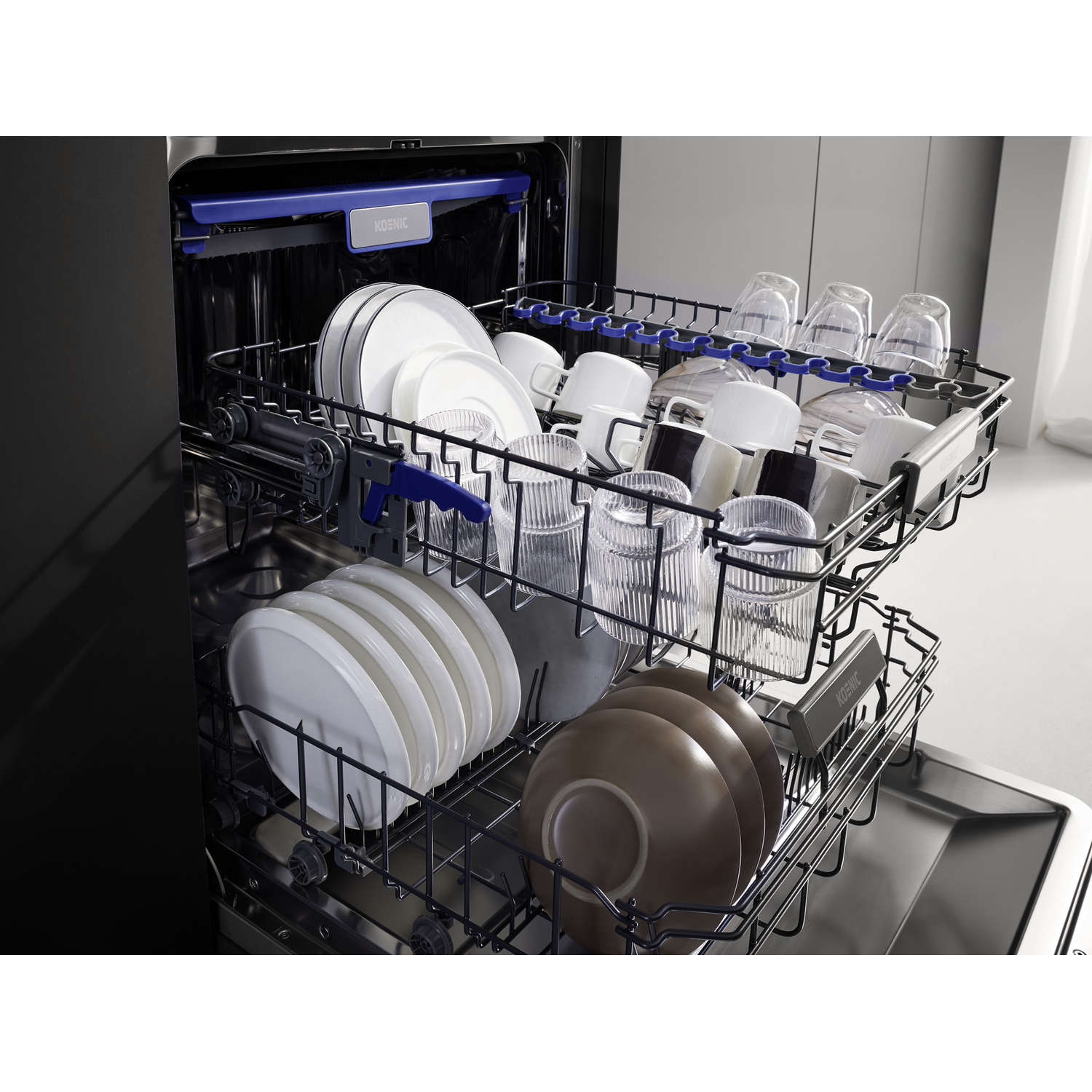 Open dishwasher filled with clean dishes, glasses, and plates in the racks.