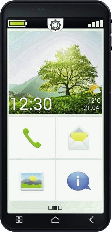 Ein Smartphone mit einfachem Bildschirm, einer Baumkulisse, der Uhrzeit 12:30 und vier großen App-Symbolen.