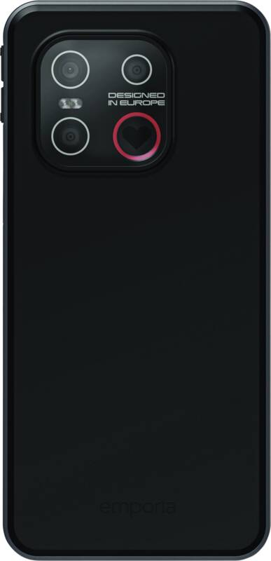 Rückseite eines schwarzen Emporia-Smartphones mit rechteckigem Kameramodul, drei Linsen und rotem Herzsymbol.
