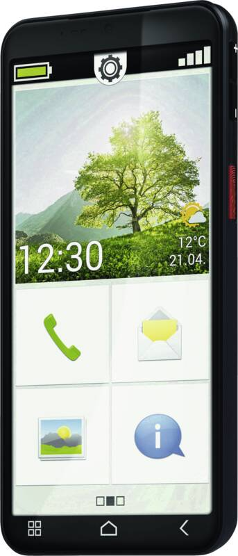 Ein Smartphone mit einfachem Menü, Uhrzeit, Wetter und großen Symbolen für Anrufe und Nachrichten.