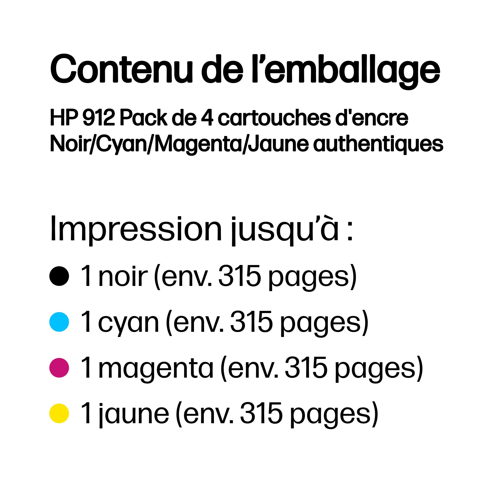 Pack de 4 cartouches d'encre HP 912 : noir, cyan, magenta, jaune, env. 315 pages chacune.