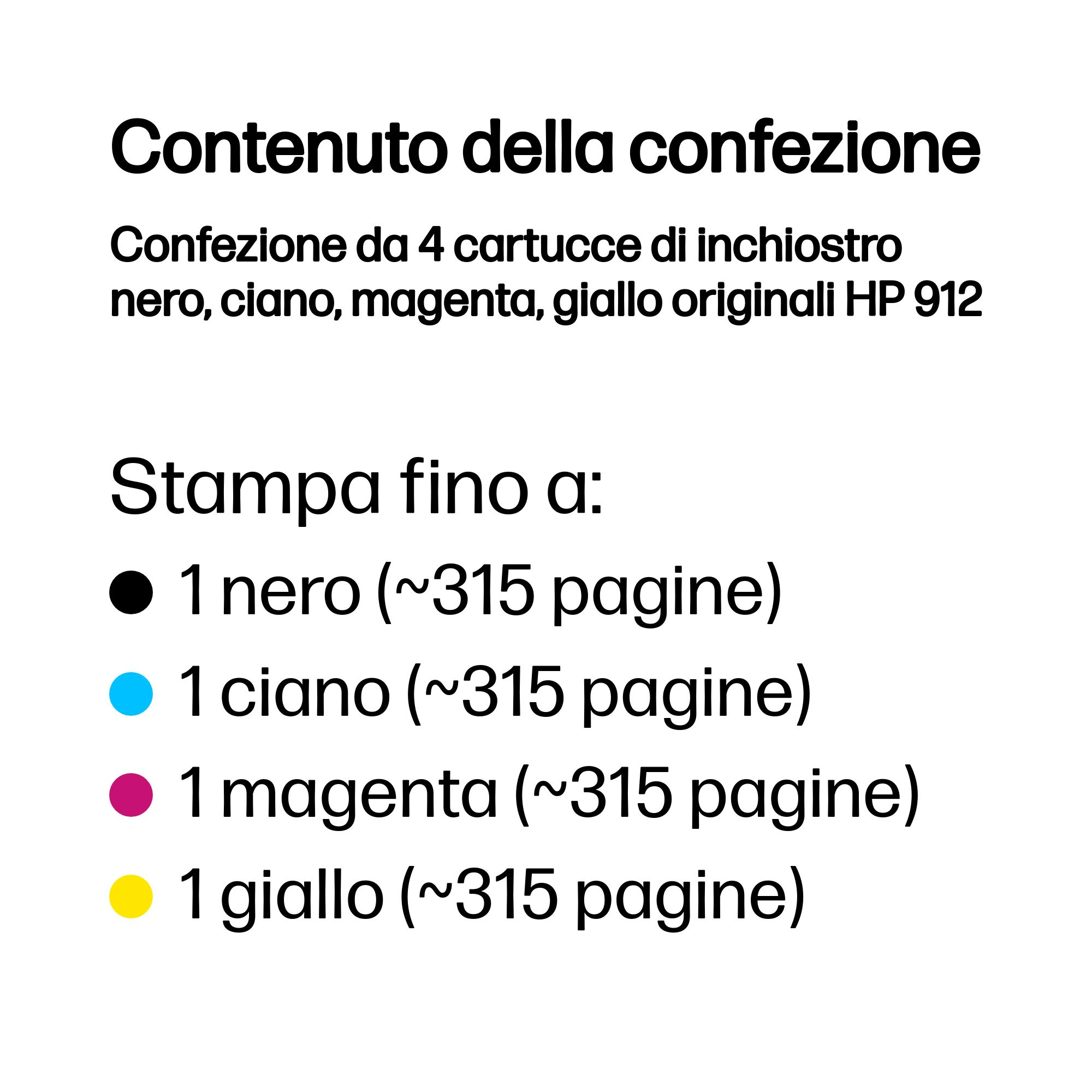 Contenuto: 4 cartucce d'inchiostro originali HP 912 nero, ciano, magenta, giallo, stampa fino a 315 pagine ciascuna.