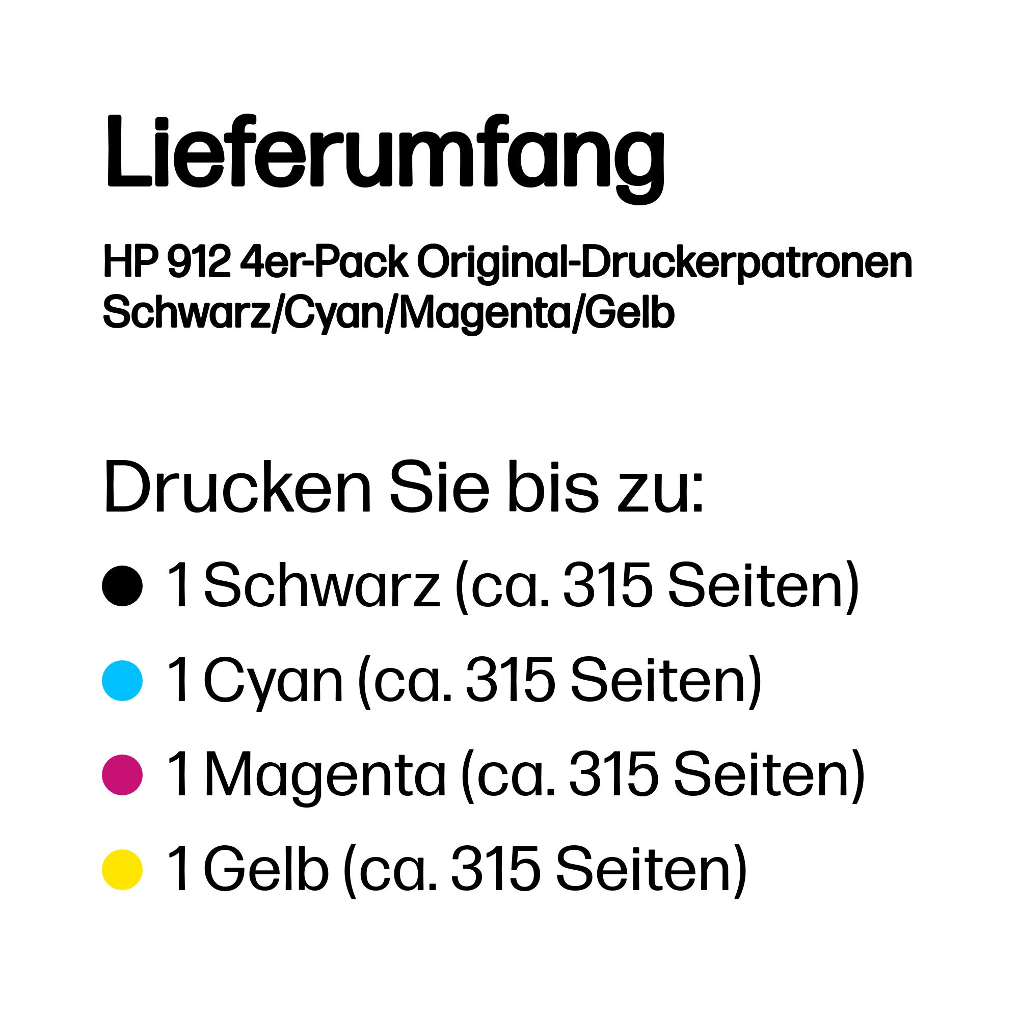HP 912 4er-Pack Druckerpatronen mit je ca. 315 Seiten in Schwarz, Cyan, Magenta und Gelb.