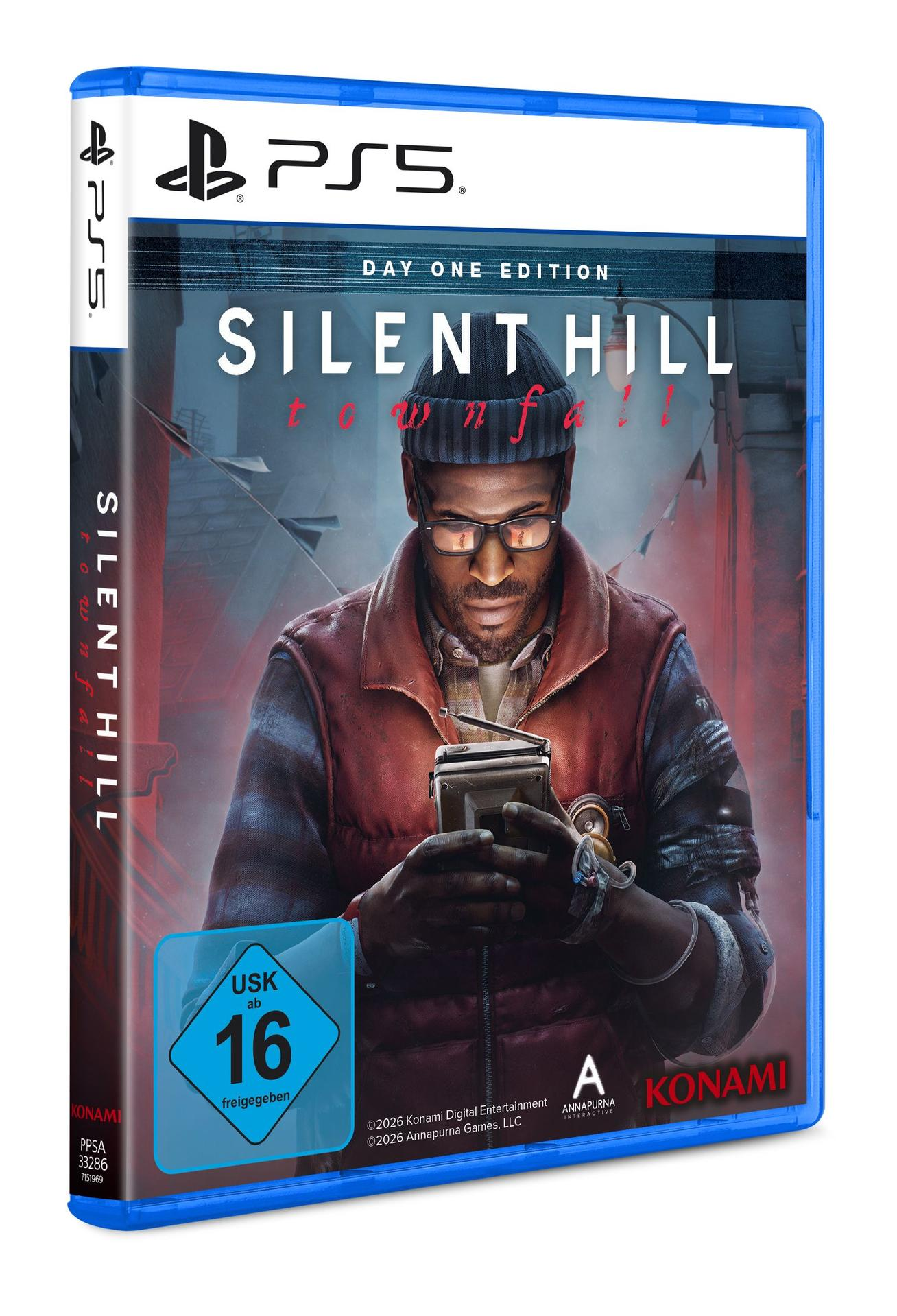 PS5-Spielhülle von Silent Hill Townfall mit einem Mann, der ein kleines Radio hält.