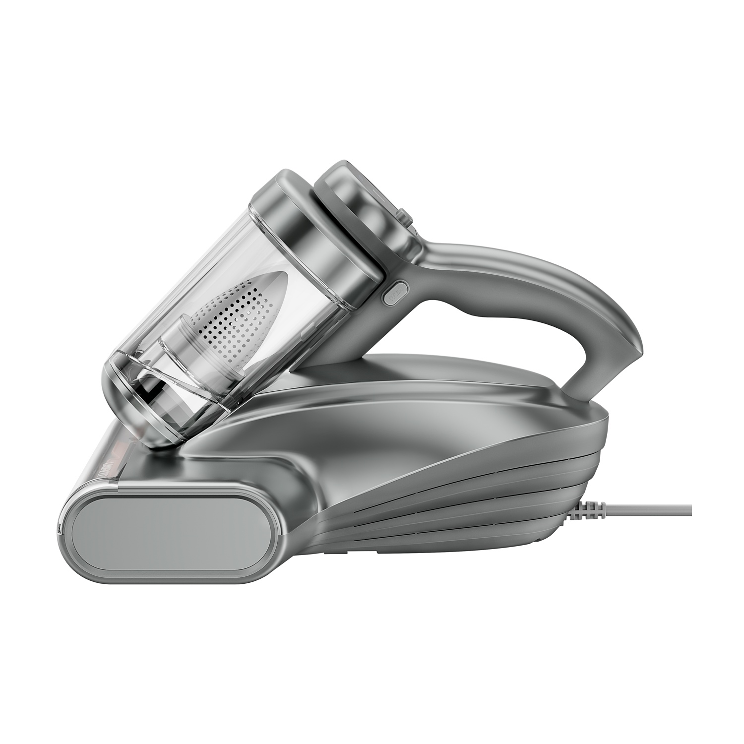 Un elegante aspirapolvere portatile grigio con contenitore trasparente e cavo di alimentazione su sfondo bianco.